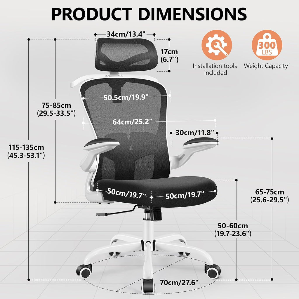 FelixKing Office Chair with Headrest, Ergonomic Desk Chair with Wheels, Task Swivel Comfy Chair with Adjustable Lumbar Support, Breathable Mesh Computer Chair with flip-up Armrests (White)