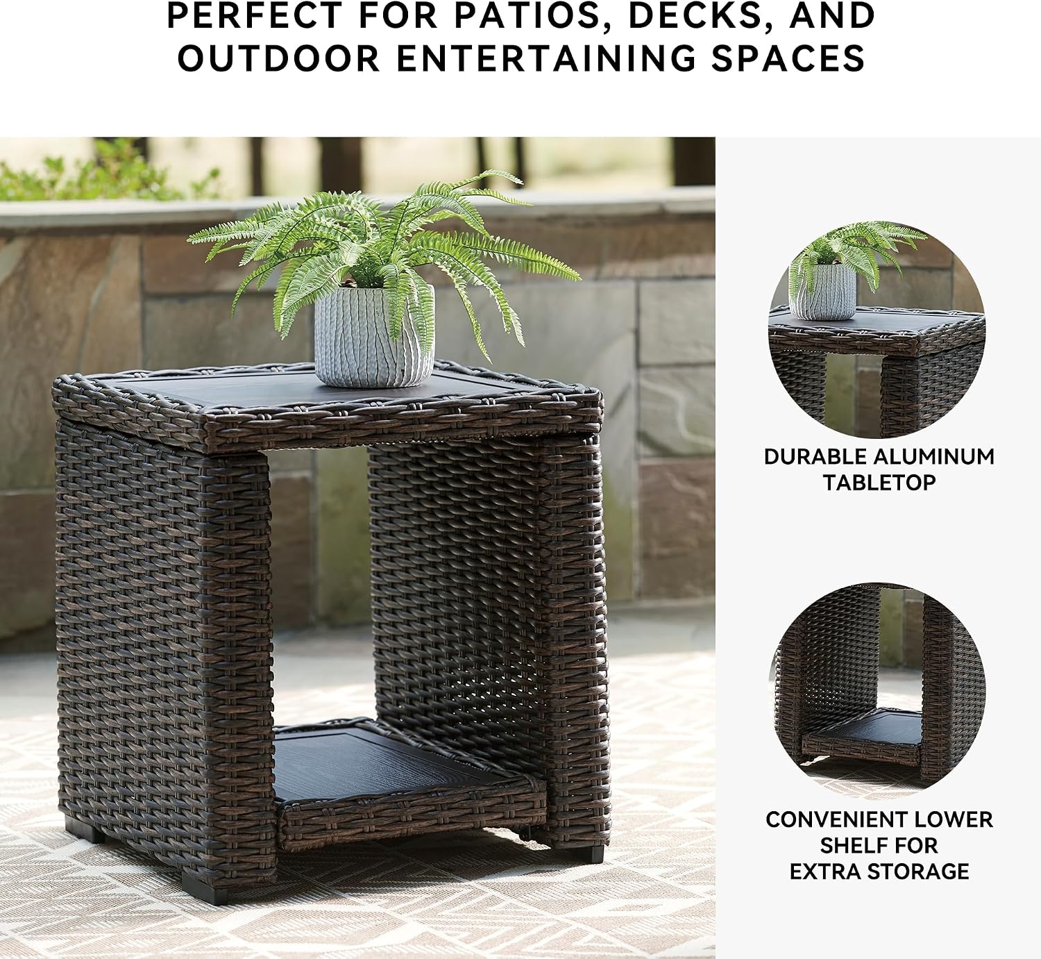 Signature Design by Ashley Grasson Lane Outdoor Rattan Square End Table with Storage, All-Weather Resin Wicker Handwoven Over Durable Aluminum Frame, Aluminum Tabletop and Shelf, 22.25' High, Brown