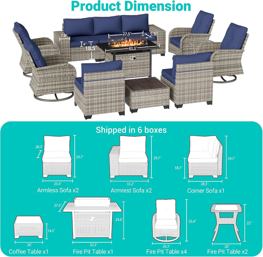 13-Piece Outdoor Patio Furniture Set with Rocking Swivel Chair, PE Wicker Rattan Sectional Sofa Patio Conversation Set with 55,000 BTU Fire Pit Table & Coffee Table, Navy Blue