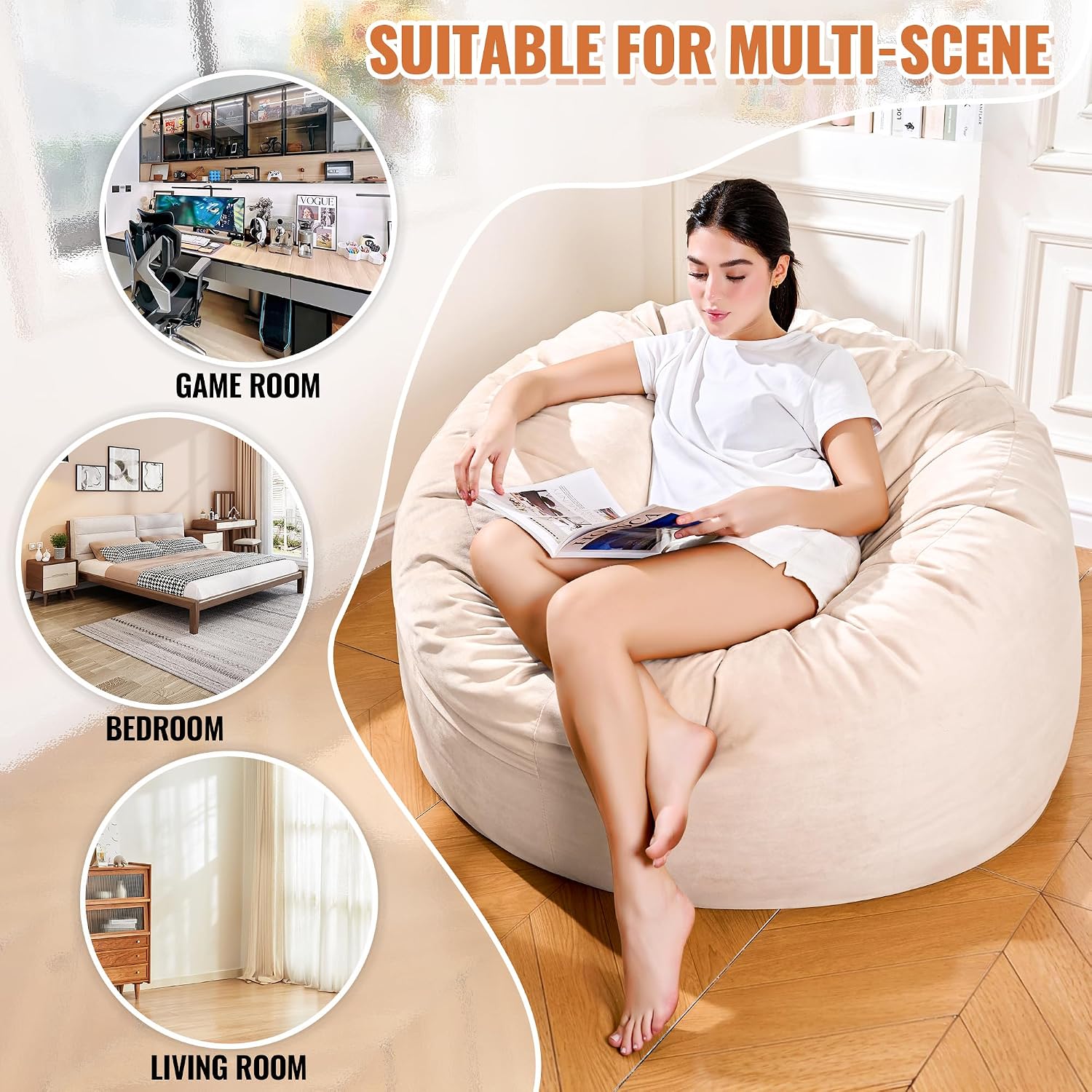 4FT Bean Bag Chair, Bean Bag Chairs for Adults and Kids, Fluffy and Comfy Bean Bag with Velvet Cover, Bean Bag with Memory Foam Filled for Gaming, Living Room, Playroom (Yellowish Beige)