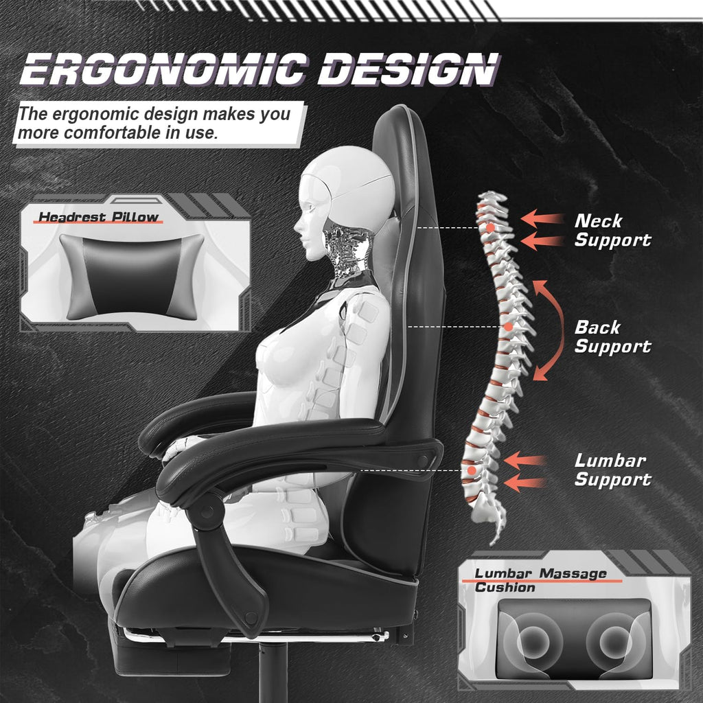 Shahoo Gaming Chair with Footrest and Massage Lumbar Support, Video Racing Seat Height Adjustable with 360°Swivel and Headrest for Office or Bedroom, Grey