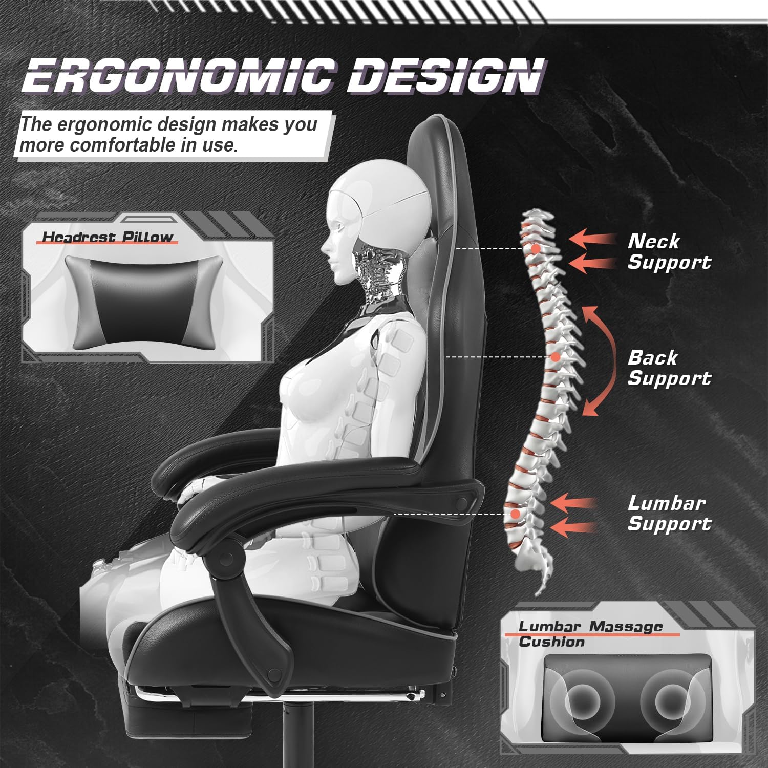 Shahoo Gaming Chair with Footrest and Massage Lumbar Support, Video Racing Seat Height Adjustable with 360°Swivel and Headrest for Office or Bedroom, Grey