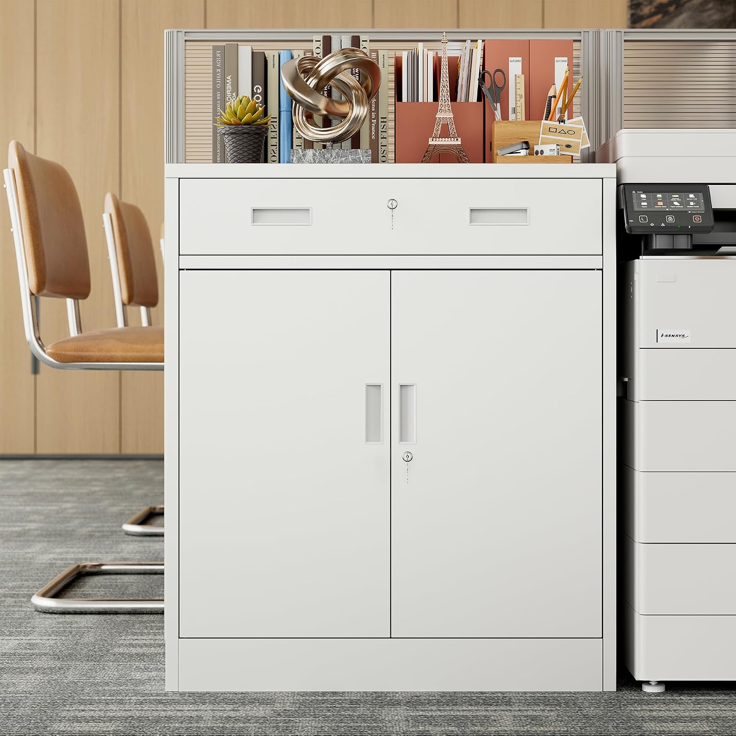 BESFUR Metal Garage Storage Cabinet with One Lockable Drawer 2 Locking Doors and an Adjustable Shelf, 36' White Metal Short Storage Cabinet for Home Office, Garage,School,Utility Room