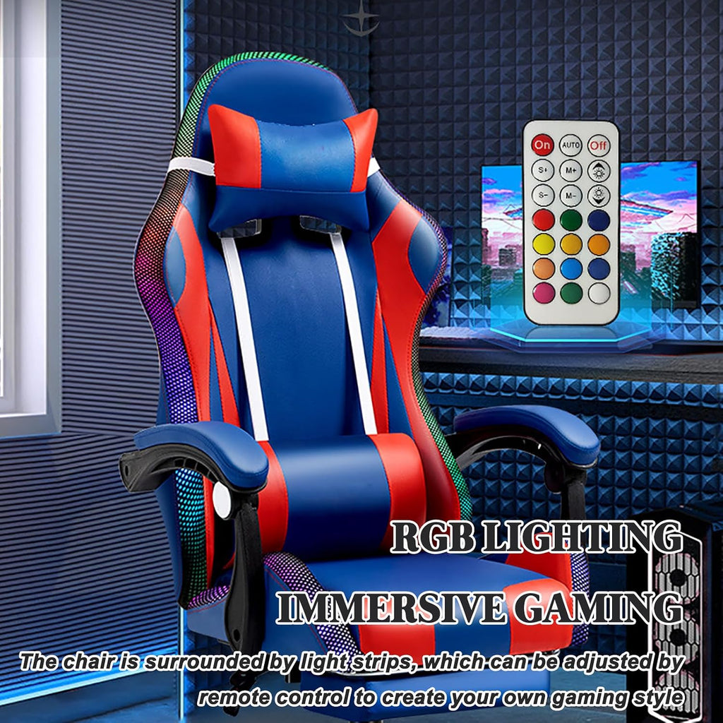 RGB Gaming Chair with Footrest Ergonomic Massage Computer Desk Chair Video Gaming Chair with Speakers Lumbar Support Height & Angles Adjustable Reclining Gamer Chair,Sound/7 Point Massage
