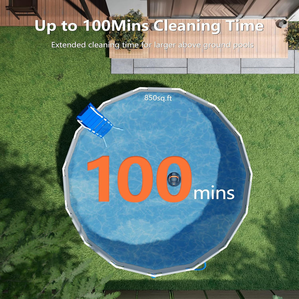 Planet Robotic Pool Cleaner, Cordless Pool Vacuum Robot with 100 Mins Runtime, Fast Charging, Powerful Suction, Self-Parking, Ideal for Above Ground Pools, Blue Grey