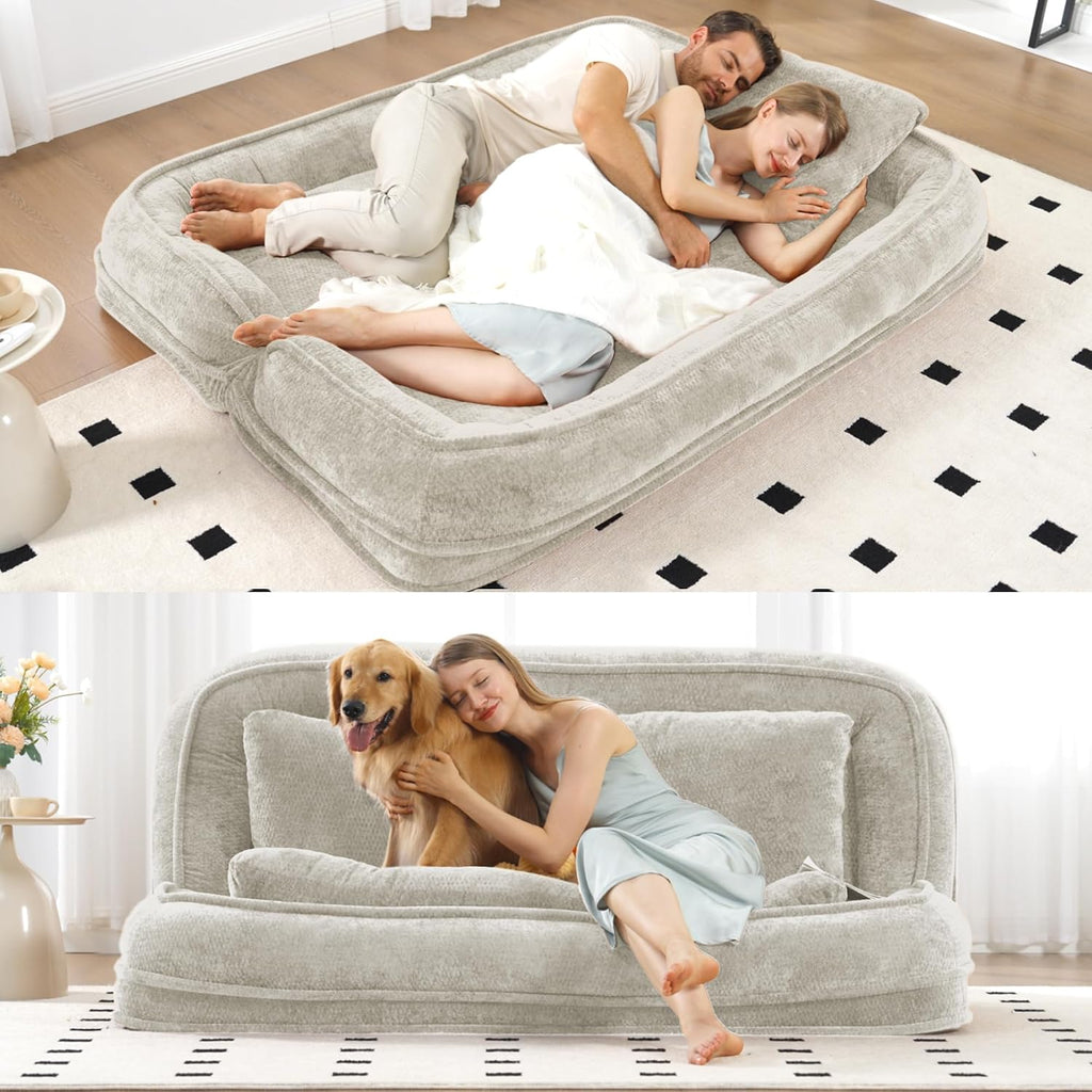 71'' Human Dog Bed, Upholstered Lounge Loveseat Chair, Floor Chair with Back Support, 5 Adjustable Position Folding Sofa Bed for Adults & Pets, Lazy Sofa Bed for Living Room, Game Room, Beige