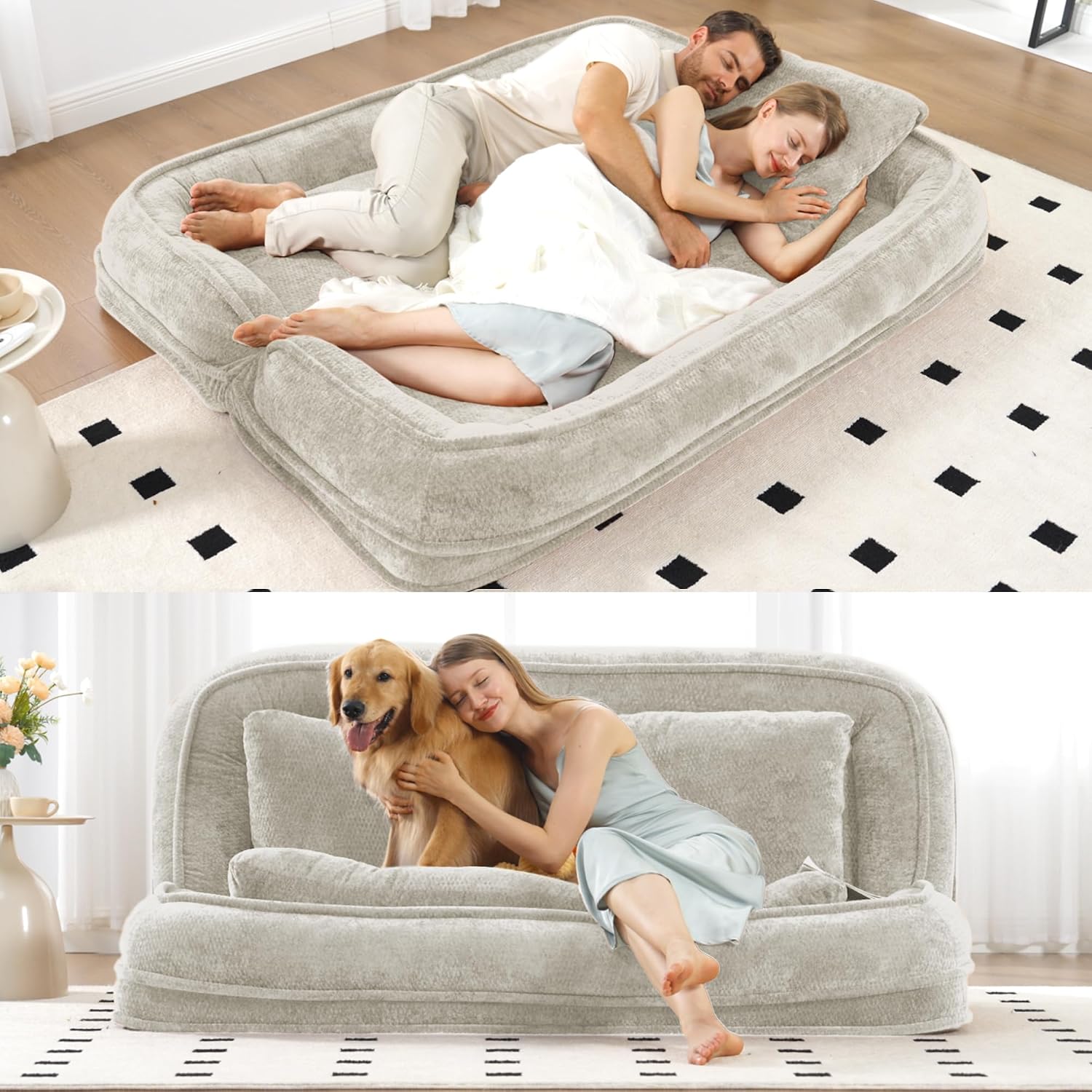71'' Human Dog Bed, Upholstered Lounge Loveseat Chair, Floor Chair with Back Support, 5 Adjustable Position Folding Sofa Bed for Adults & Pets, Lazy Sofa Bed for Living Room, Game Room, Beige