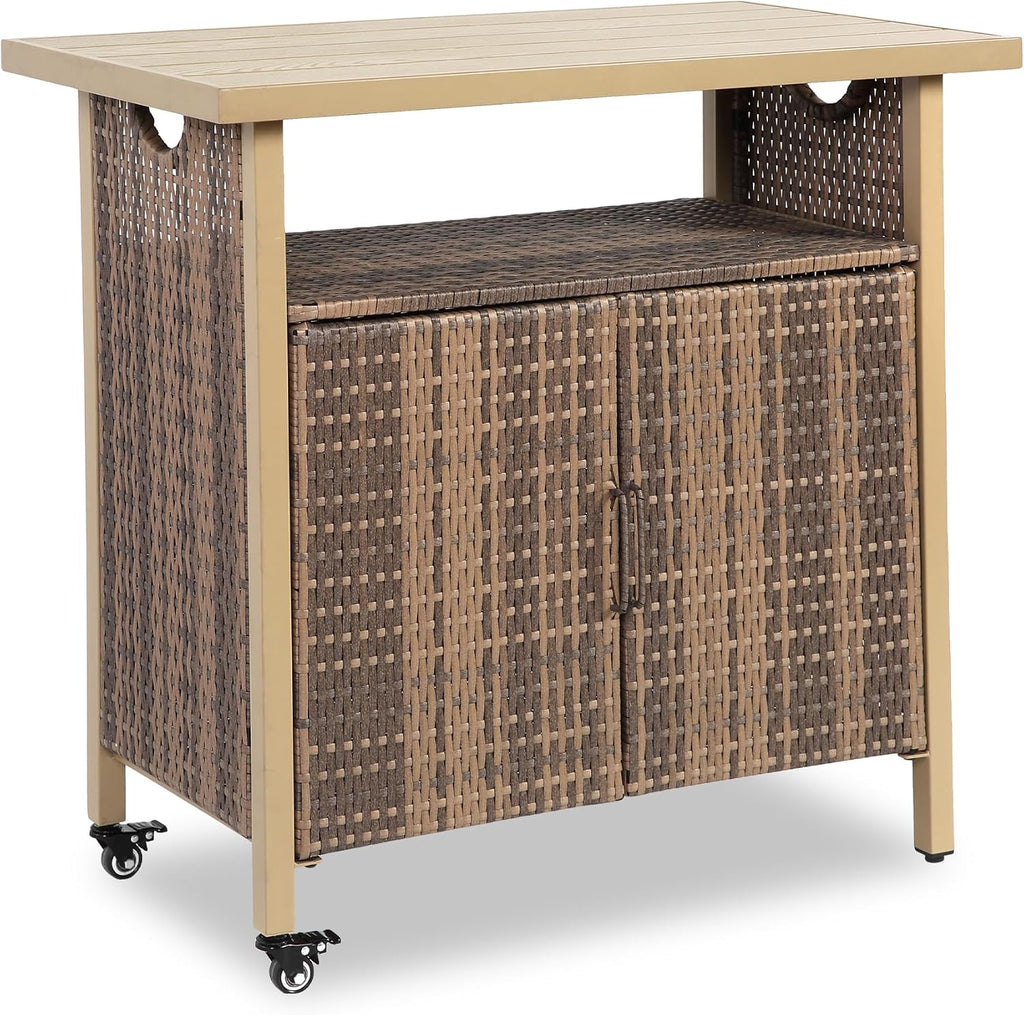 HOMEFUN Outdoor Bar Table with Storage Cabinet Patio Serving Carts on Wheels Wicker Grill Cart Prep Station Rolling Kitchen Island for Outside Backyard and Patio, Brown