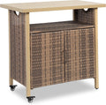 HOMEFUN Outdoor Bar Table with Storage Cabinet Patio Serving Carts on Wheels Wicker Grill Cart Prep Station Rolling Kitchen Island for Outside Backyard and Patio, Brown