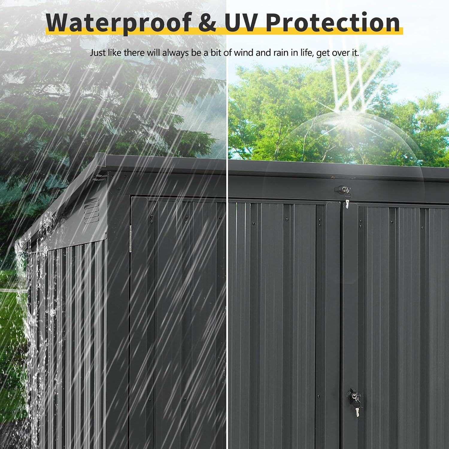 62' Grey Metal Outdoor Storage Shed with Sloped Roof, Lockable Tool Shed for Trash Cans, Garden Tools, Firewood, or Pet House, Waterproof, Galvanized Steel (Black)