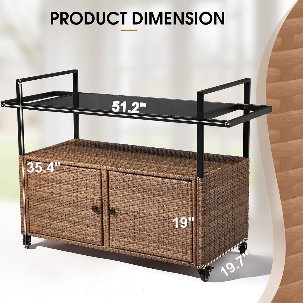 VINGLI Outdoor Storage Cabinet with Wheels, Waterproof Woven Rattan with Double Magnetic Doors, Mobile Multi-Purpose Cabinet for Storage, Buffet Server, Bar Table, Potting Bench (Glass Top)