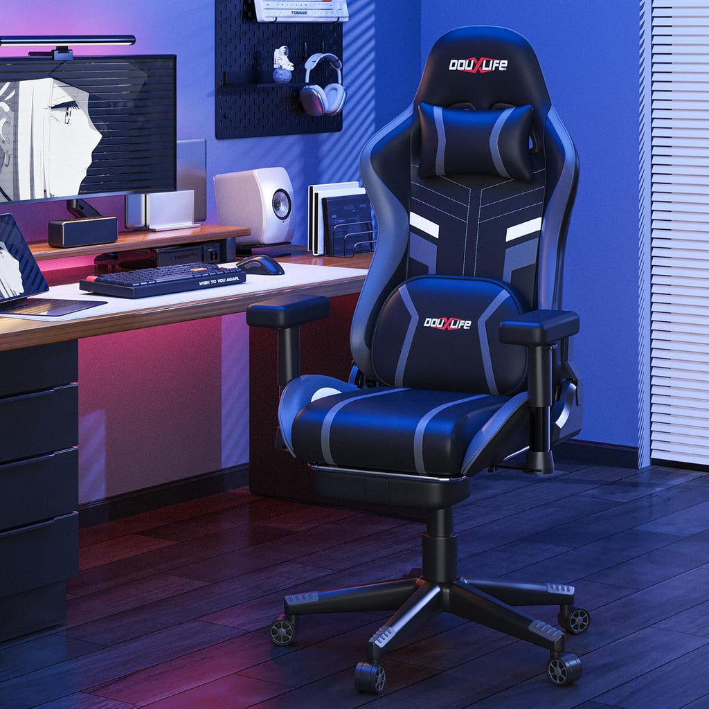 Douxlife 3D Kneading Massage Gaming Chair with Footrest, 400lbs Heavy Duty PC Computer Desk Chair for Adults, Adjustable 2D Armrests, Ergonomic 175° Recline & Optional Heat, Black&Gray