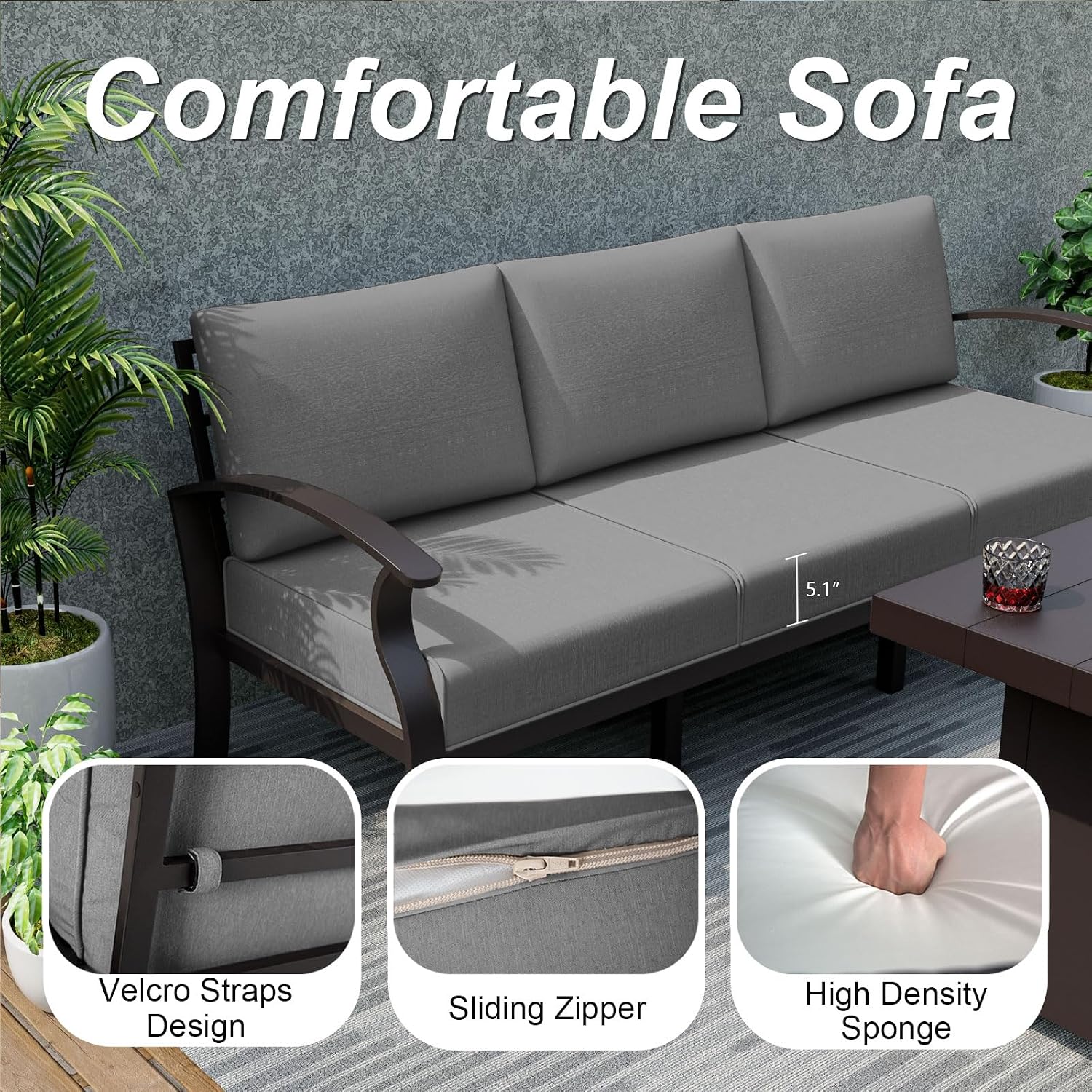 ALAULM Aluminum Patio Furniture Set with Propane Fire Pit Table 5-seat Metal Outdoor Furniture w/Fire Pit Sectional Sofas w/5.1' Cushions for Patio, Backyard, Poolside-Grey