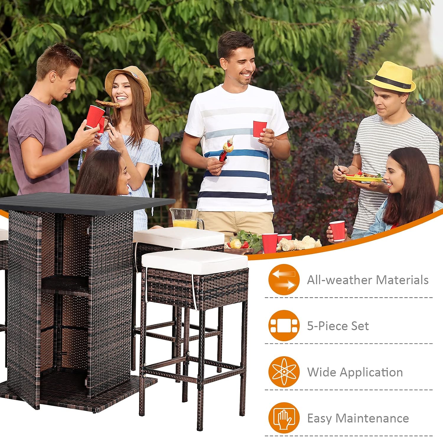 Tangkula 5 Piece Outdoor Rattan Bar Set, Patio Bar Furniture with 4 Cushions Stools and Smooth Top Table with Hidden Storage Shelf, Outdoor Conversation Set for Poolside, Backyard, Lawn