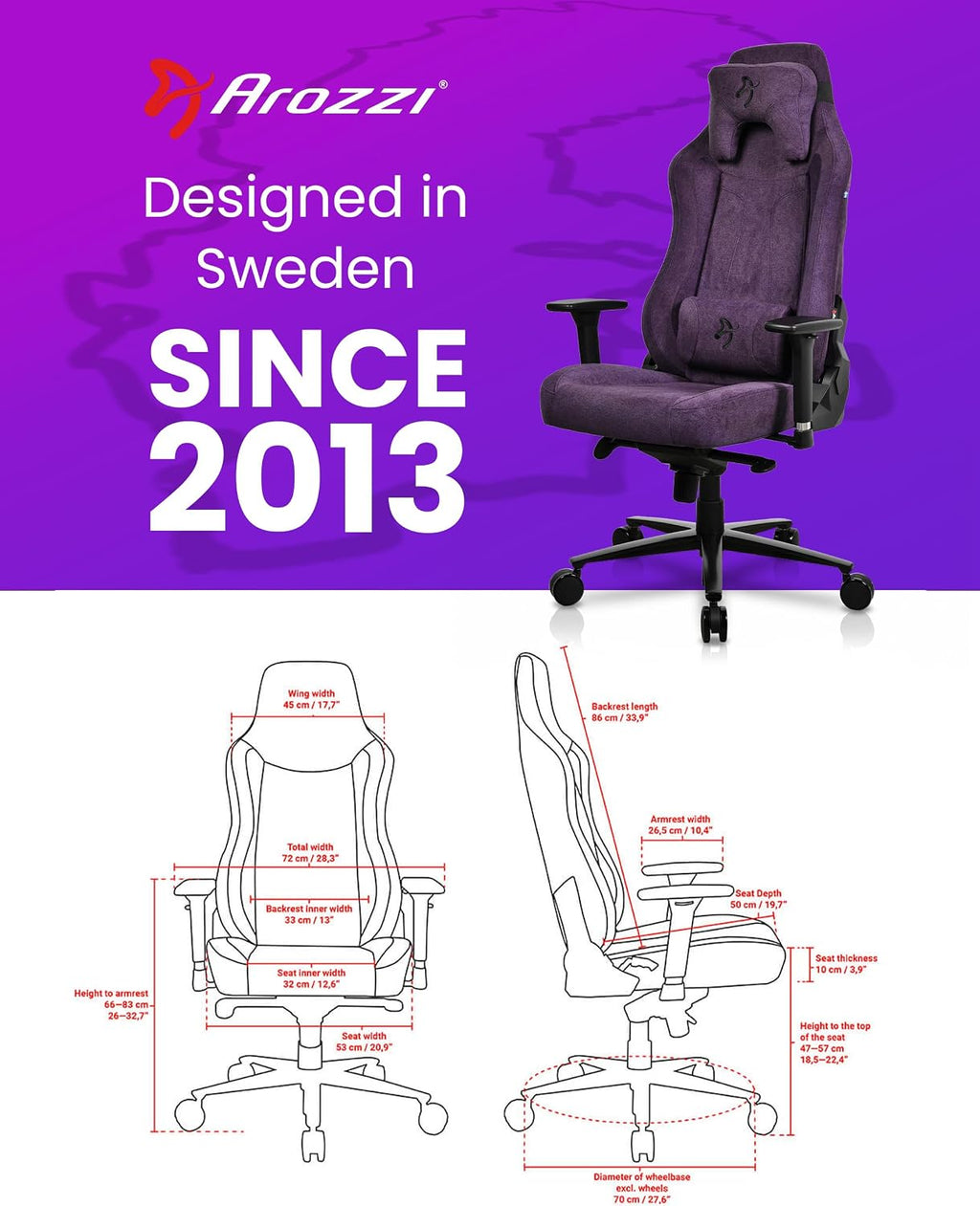 Arozzi Vernazza Gaming Chair - Soft Fabric Gaming Chairs for Adults Adjustable Height, Large Spacious Seat & Backrest with Support Pillows - Swedish Design Home Office Computer Chairs, Purple