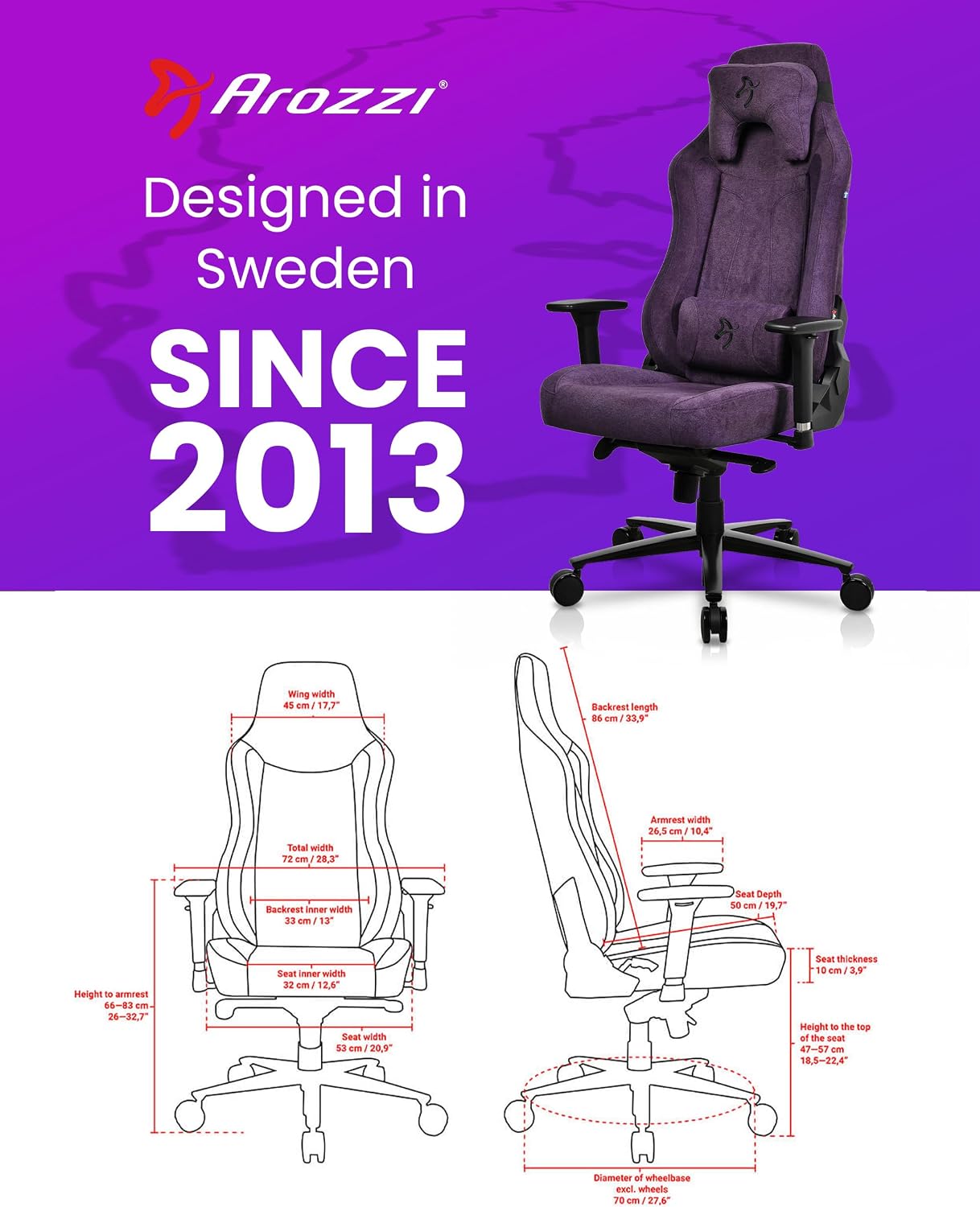 Arozzi Vernazza Gaming Chair - Soft Fabric Gaming Chairs for Adults Adjustable Height, Large Spacious Seat & Backrest with Support Pillows - Swedish Design Home Office Computer Chairs, Purple
