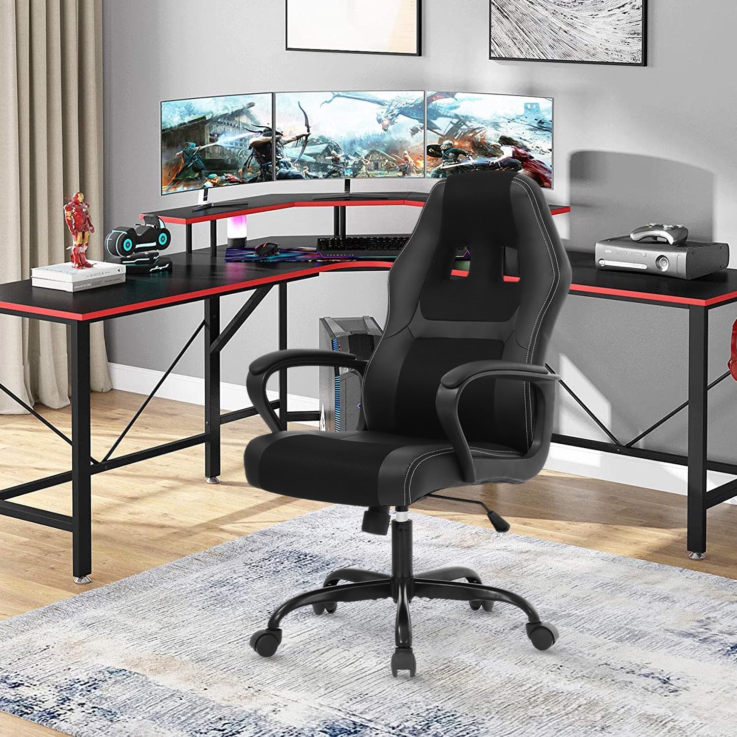 Ruesleag Computer Gaming Chair Office Ergonomic PC Chair Racing Writing Working High-Back Chair w/Lumbar Support Swivel Executive Desk Chairs for Adults,Black