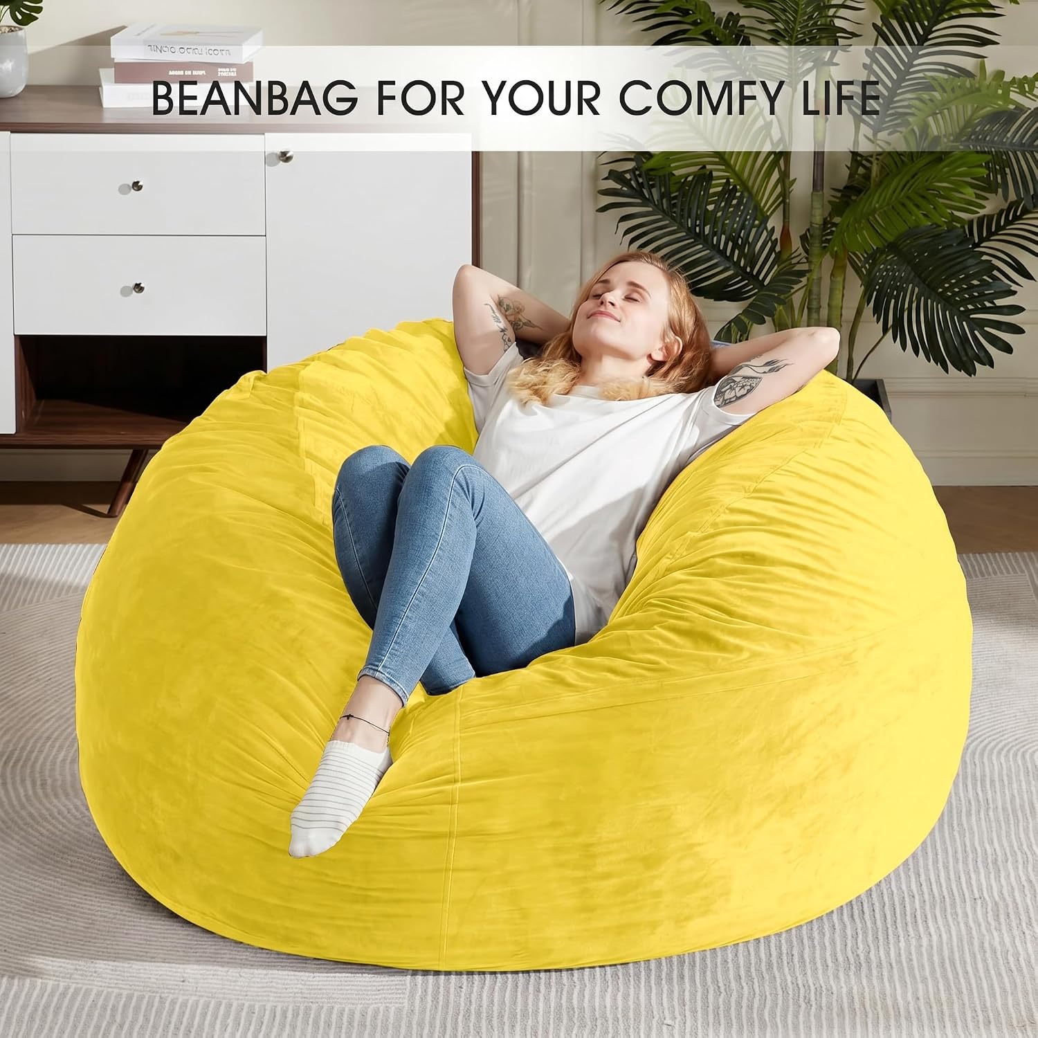 HABUTWAY Bean Bag Chair: Giant 5' Memory Foam Furniture Bean Bag Chairs for Adults with Microfiber Cover 5Ft(Mustard)