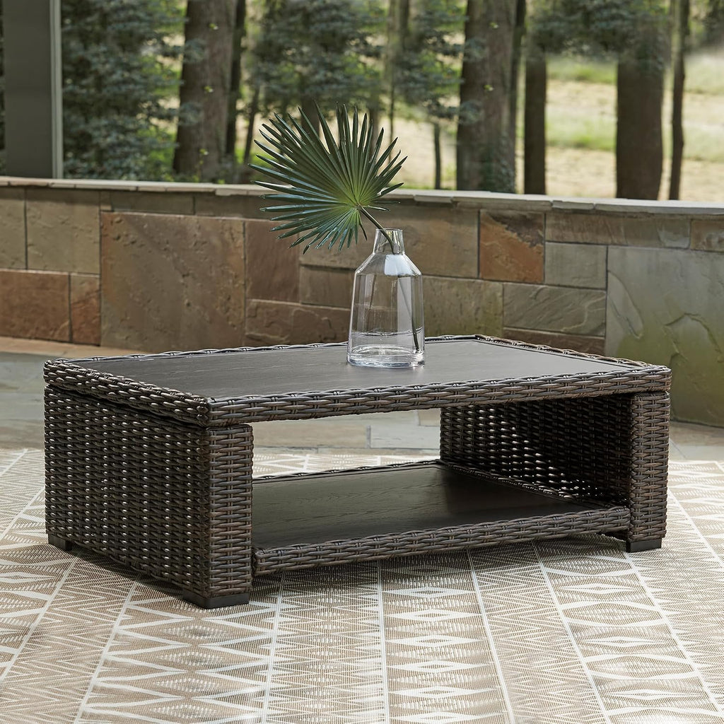 Signature Design by Ashley Grasson Lane Outdoor Wicker Cocktail Table with Aluminum Frame, Brown