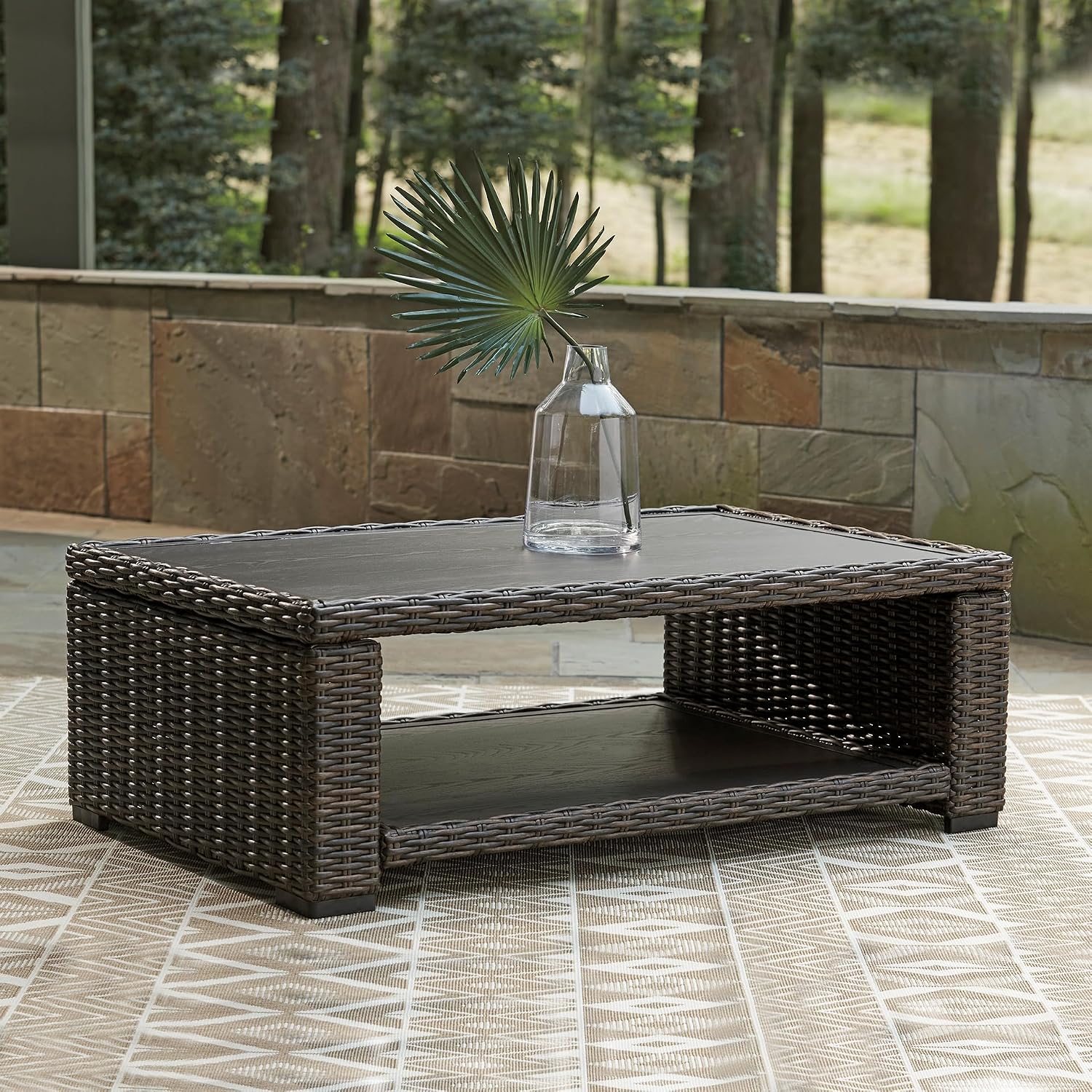 Signature Design by Ashley Grasson Lane Outdoor Wicker Cocktail Table with Aluminum Frame, Brown