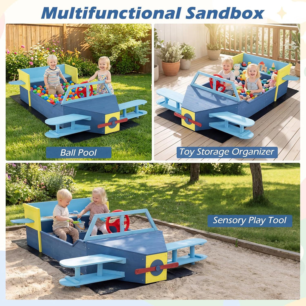Costzon Sandbox, Fir Wood Glider-Shaped Sand Pit with Bottom Liner, Bench Seat, Propeller, Rotatable Rudder & Side Wings for Kids Boys Girls, Outdoor Playset for Backyard, Beach and Patio