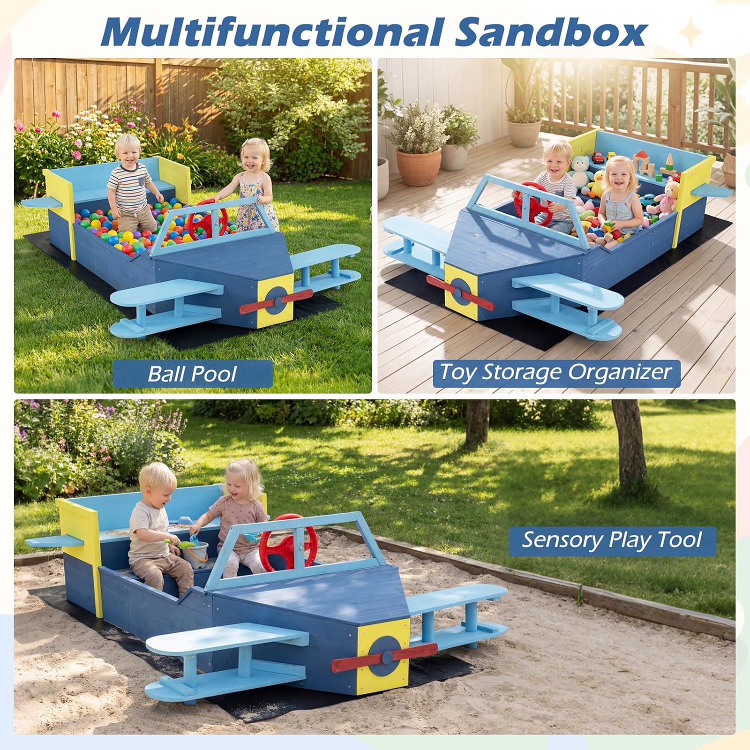 Costzon Sandbox, Fir Wood Glider-Shaped Sand Pit with Bottom Liner, Bench Seat, Propeller, Rotatable Rudder & Side Wings for Kids Boys Girls, Outdoor Playset for Backyard, Beach and Patio