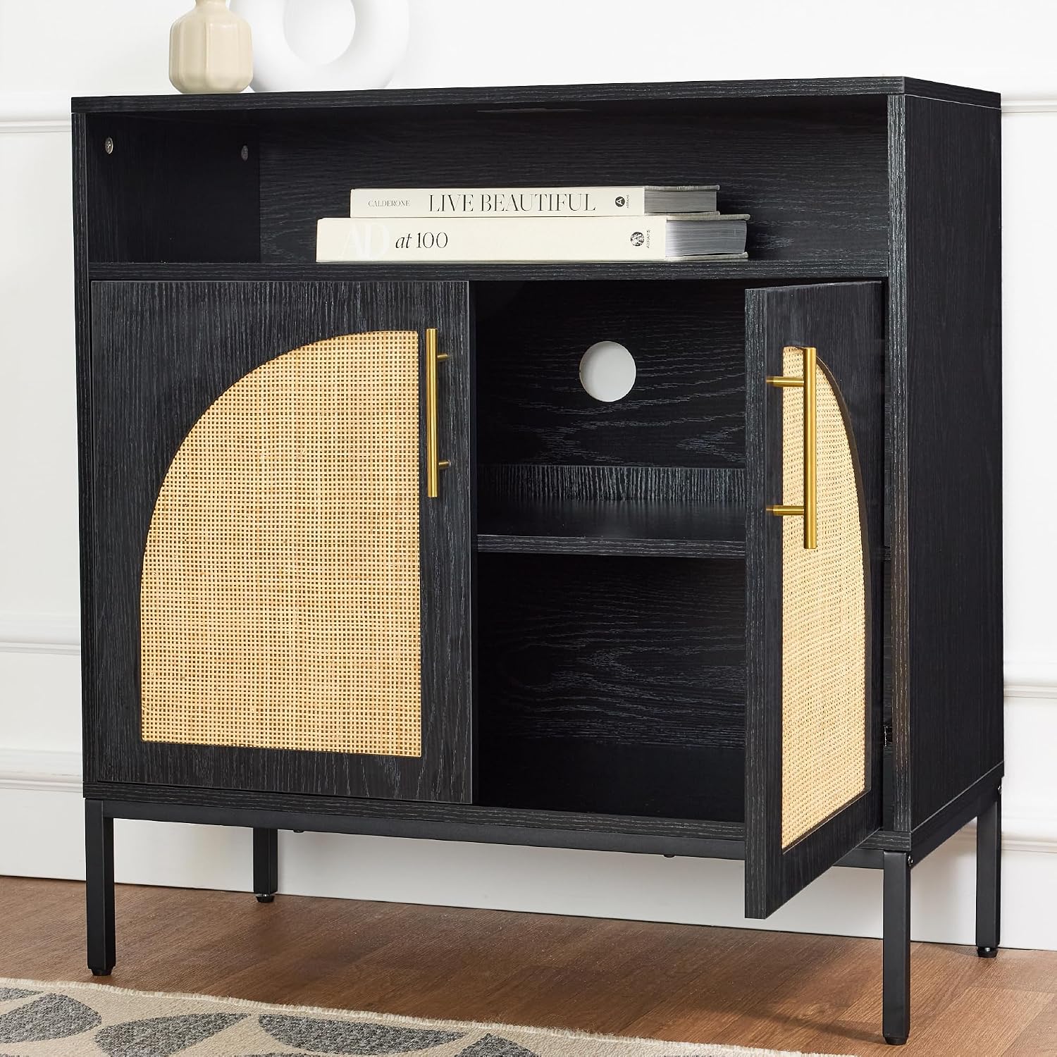 Best Choice Products Rattan Sideboard Buffet Cabinet, Entryway Table, Accent Storage Cabinet, Console Table for Hallway, Living Room, Dining Room - Black