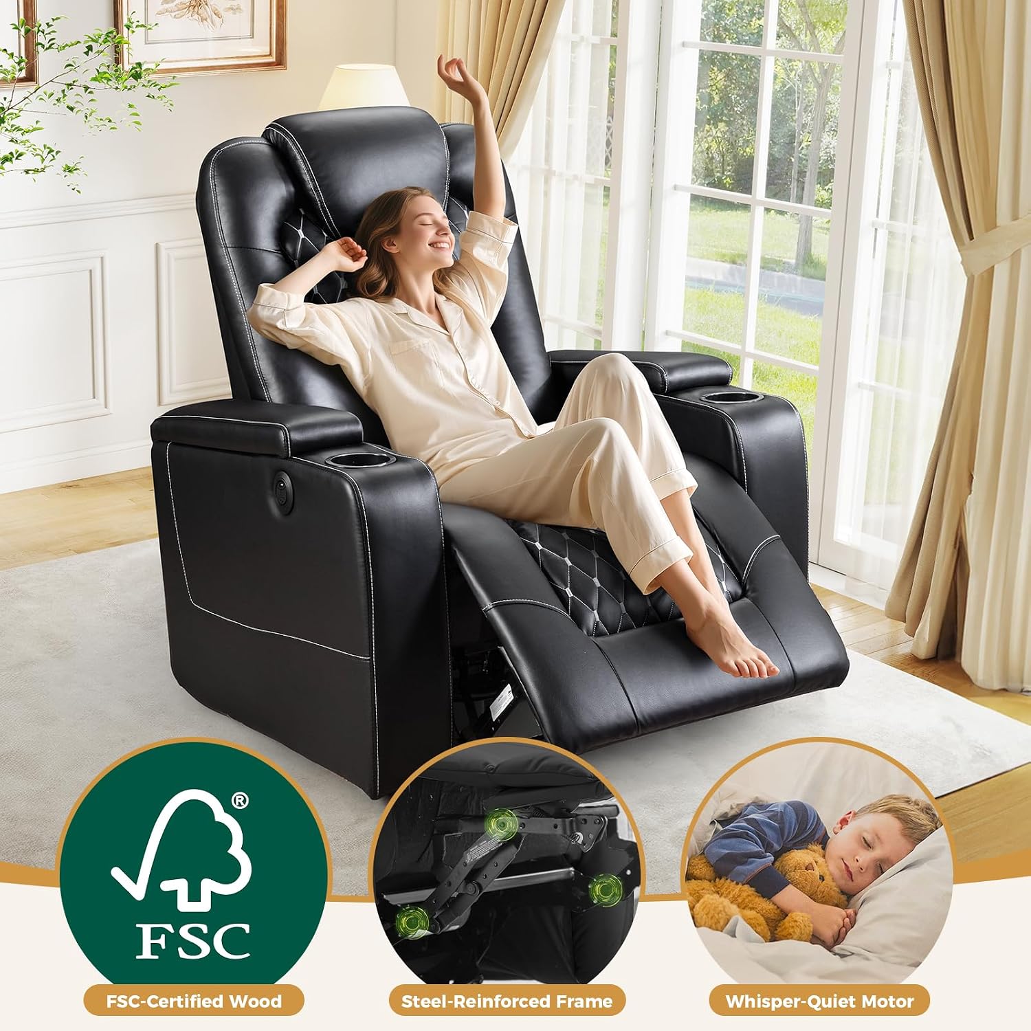 ANJ Power Recliner Chair Set of 3, Electric Soft Faux Leather Reclining Home Faux Theater Seating - USB Ports, Cup Holders, Hidden Arm Storage Movie & Media Room Chairs (Black)