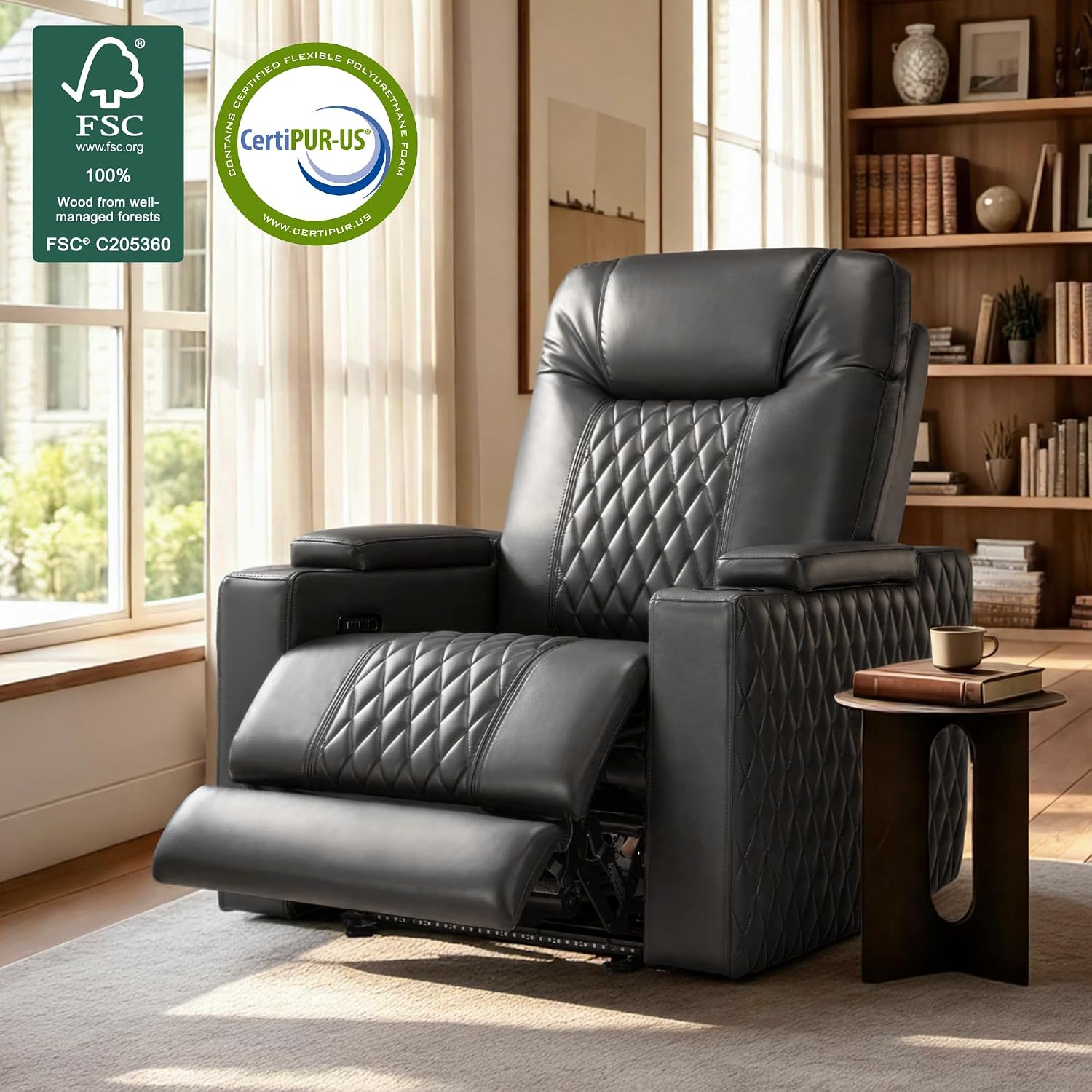 MCombo Oversized Power Recliner Chair with Adjustable Headrest & LED Light for Adults, Zero Gravity Recliner with USB & Type C Ports, Cup Holders for Living Room & Home Theater, Faux Leather HTS401