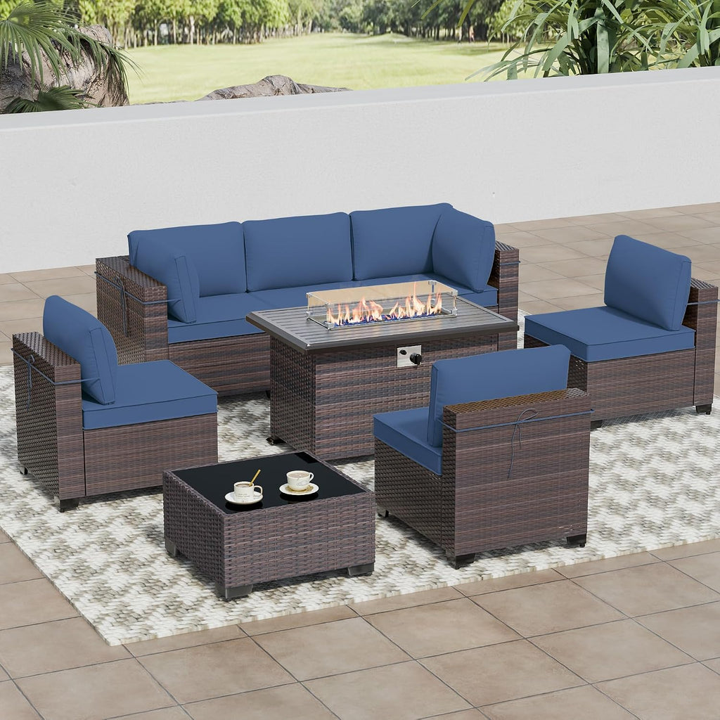 8 Pieces Outdoor Patio Furniture Sets w/55000 BTU Propane Fire Pit Table,Wicker Conversation Sofa,Includes 6 All-Weather High Back PE Rattan Seating Components w/Coffee Table&Gas Fire Pit,Navy