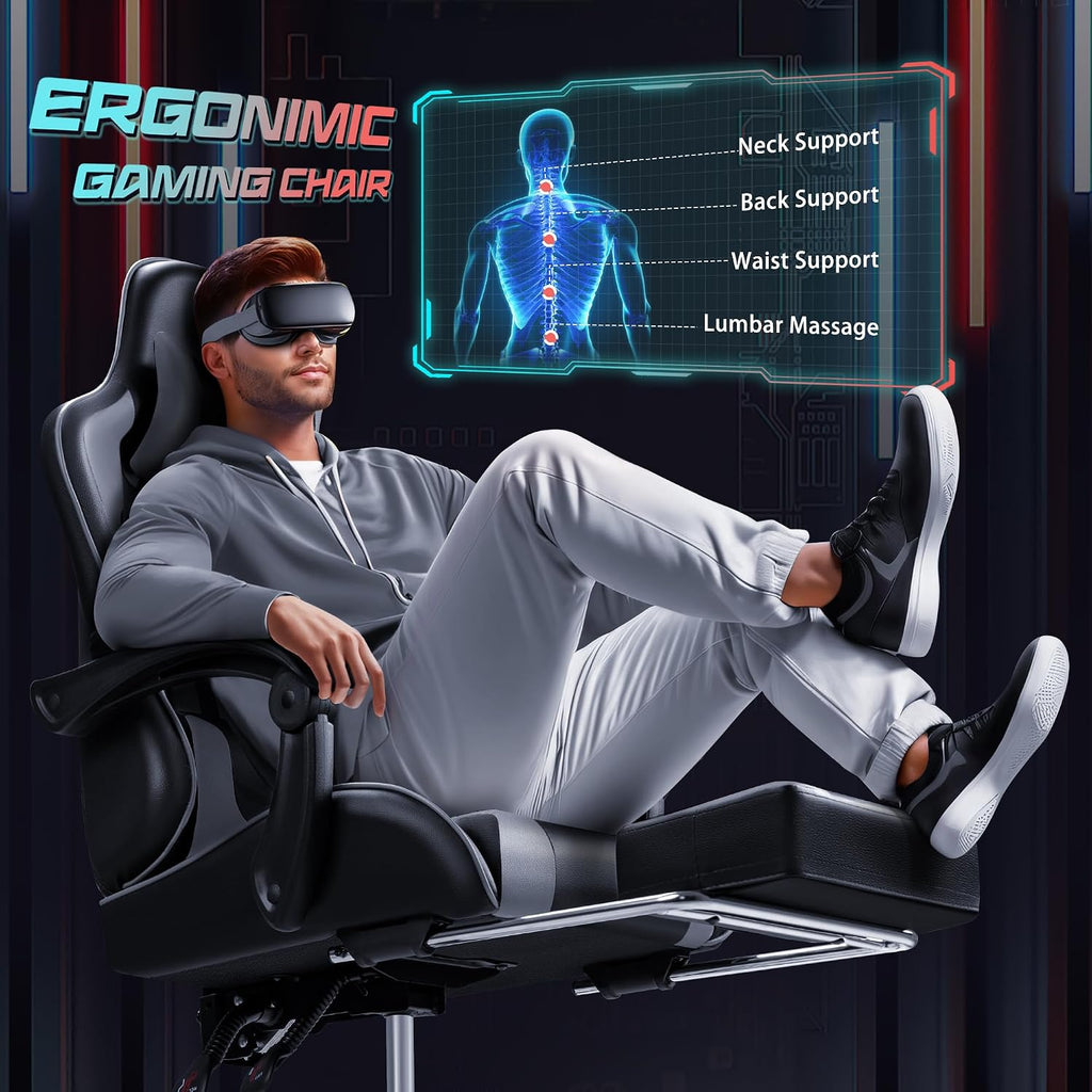 JUMMICO Gaming Chair Ergonomic Computer Chair with Footrest and Massage Lumbar Support, Height Adjustable Video Gaming Chair with 360° Swivel Seat and Headrest (Grey)