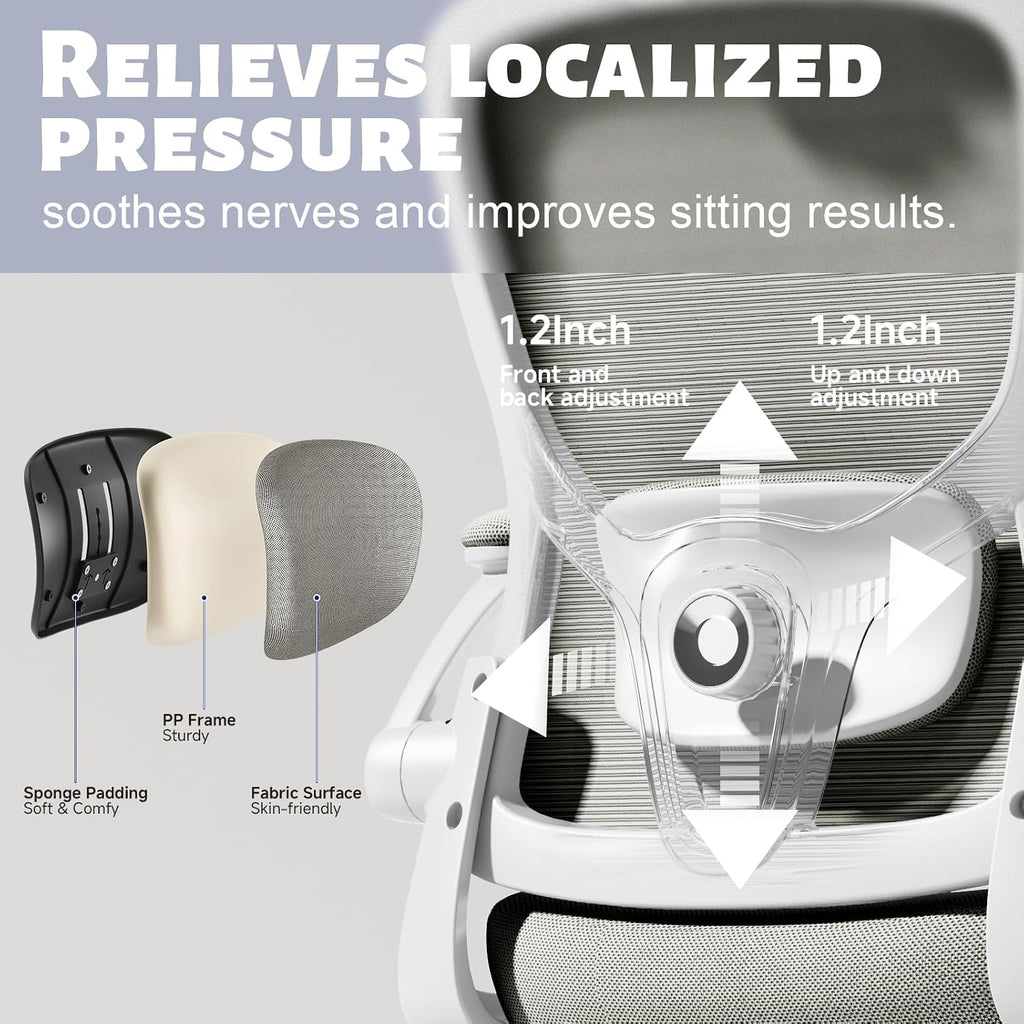 Ergonomic Chair for Office- Study Chair,300lb Gaming Chair, Mesh Comfortable High Back Chair, Headrest, Lumbar Support, Armrest, Comfy Seat for Man Woman(White-Grey6076)