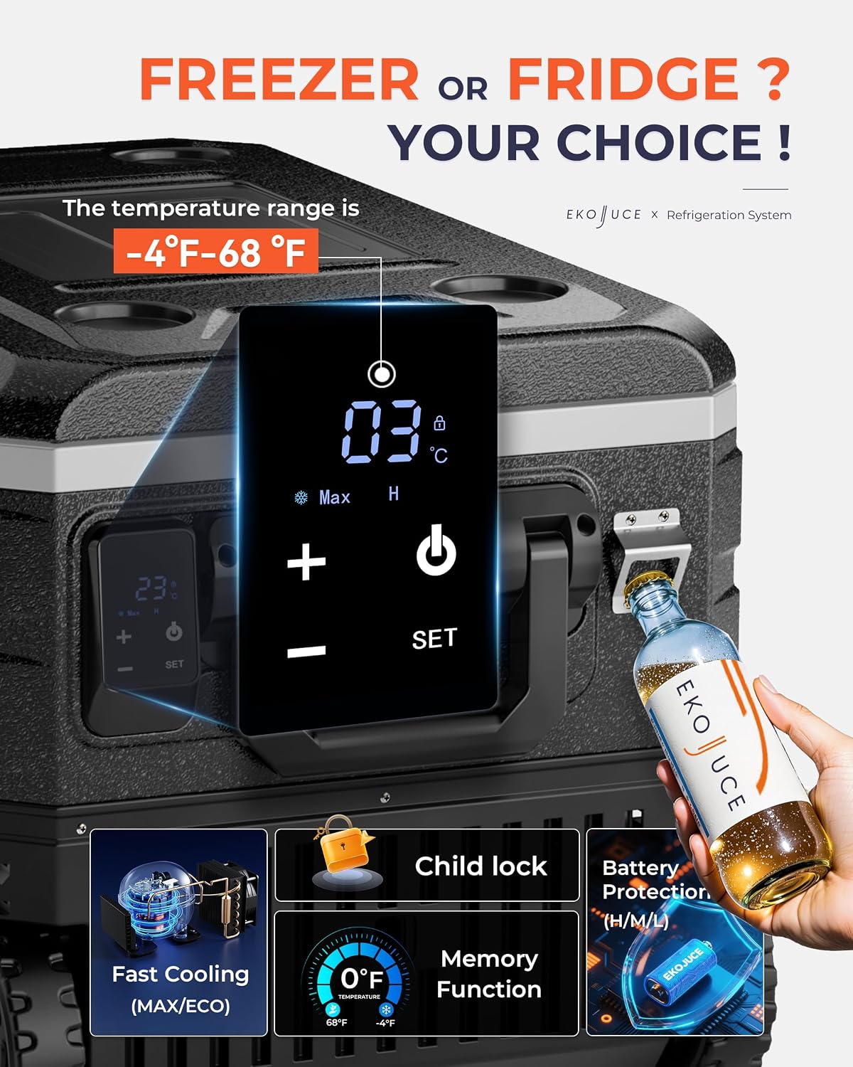 EKOJUCE 12V Refrigerator, 69 Quart Electric Cooler, 12V/24V DC 100~240V AC, 12v cooler -4℉~68℉, Portable Freezer with Wheels for Truck, RV, Camping,Travel