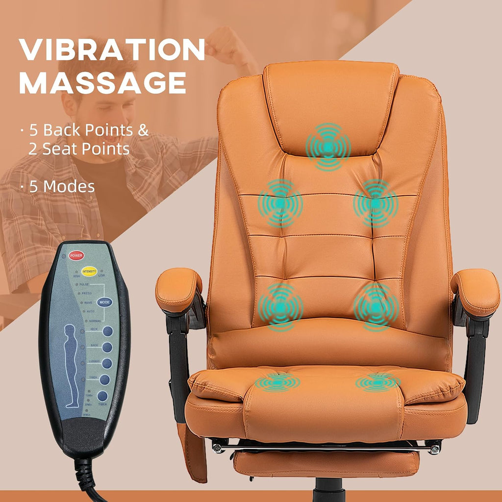 Vinsetto 7-Point Vibrating Massage Office Chair, High Back Computer Chair with Lumbar Support, Footrest, Reclining Back, Adjustable Height, Light Brown