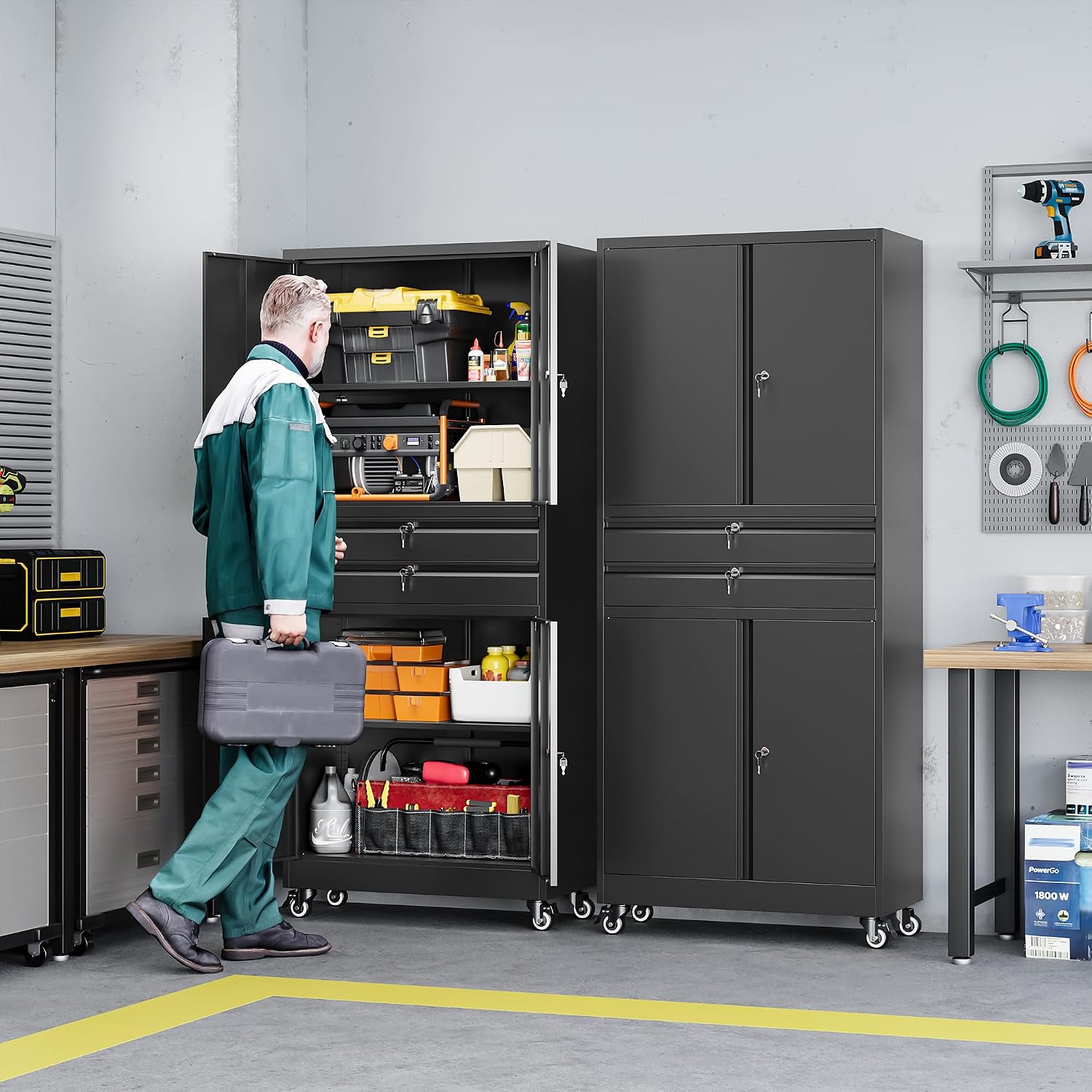 Letaya Metal Garage Storage Cabinet with Wheels,Rolling Tool Cabinet with 4 Door Lock-Adjustable Shelves and 2 Drawer for Garage Home Office Utility Room (Black with Wheels)