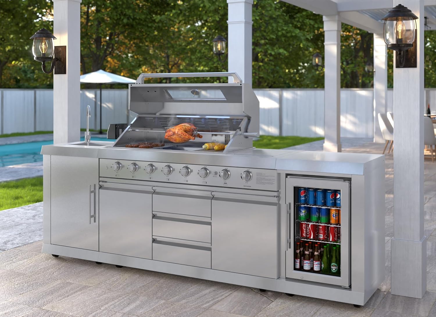 KoolMore Reserve Outdoor Kitchen Island with 6 Burner Grill and a Side Burner, Sink, Storage Cabinet and Beverage Refrigerator, CSA Listed in Stainless-Steel