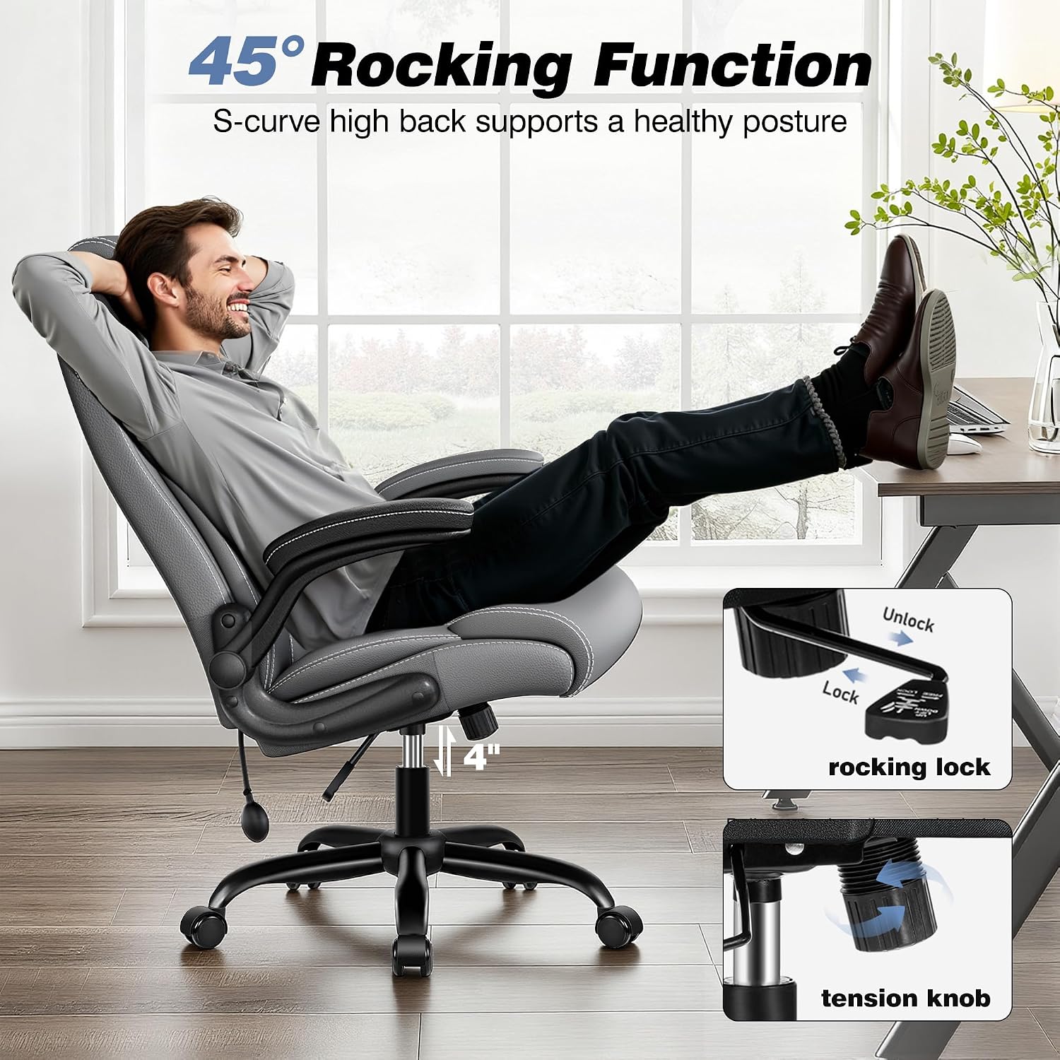 BESTFAIR Ergonomic Office Chair - Desk Computer Chair, Leather High Back Executive Chairs with Adjustable Lumbar Support for Adults, Rolling Swivel Tilt, Gray