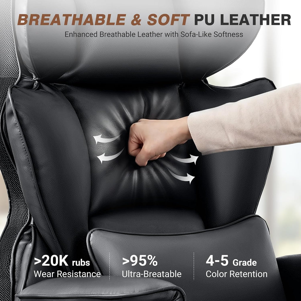 ALLGOD Office Chair Comfy, Big and Tall Executive Leather Chair, High Back Ergonomic Wide Chair with Footrest, Reclining Computer Desk Chair, Heavy Duty Gaming Chair with Padded Arm and Pillow, Black