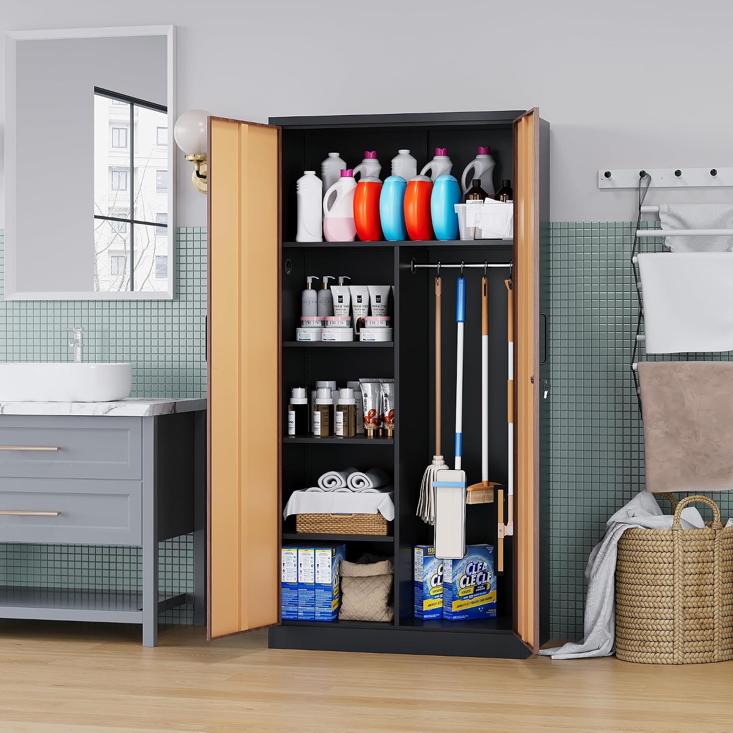 Broom Closet Storage Cabinet with Lock, Metal Garage Storage Cabinet with Doors and Shelves, Steel Wardrobe Cabinet with Hanging Rod, Utility Cabinets Closet for Kitchen, Office, Shop, Warehouse