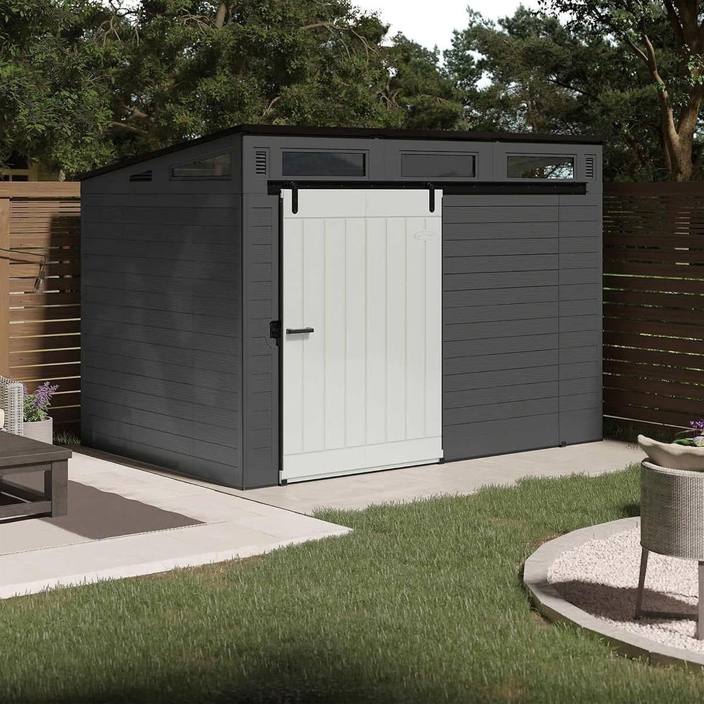Suncast Modernist 10' x 7' Outdoor Storage Shed with Pad-Lockable Sliding Barn Door, All-Weather Shed for Outdoor Storage Items, Gray