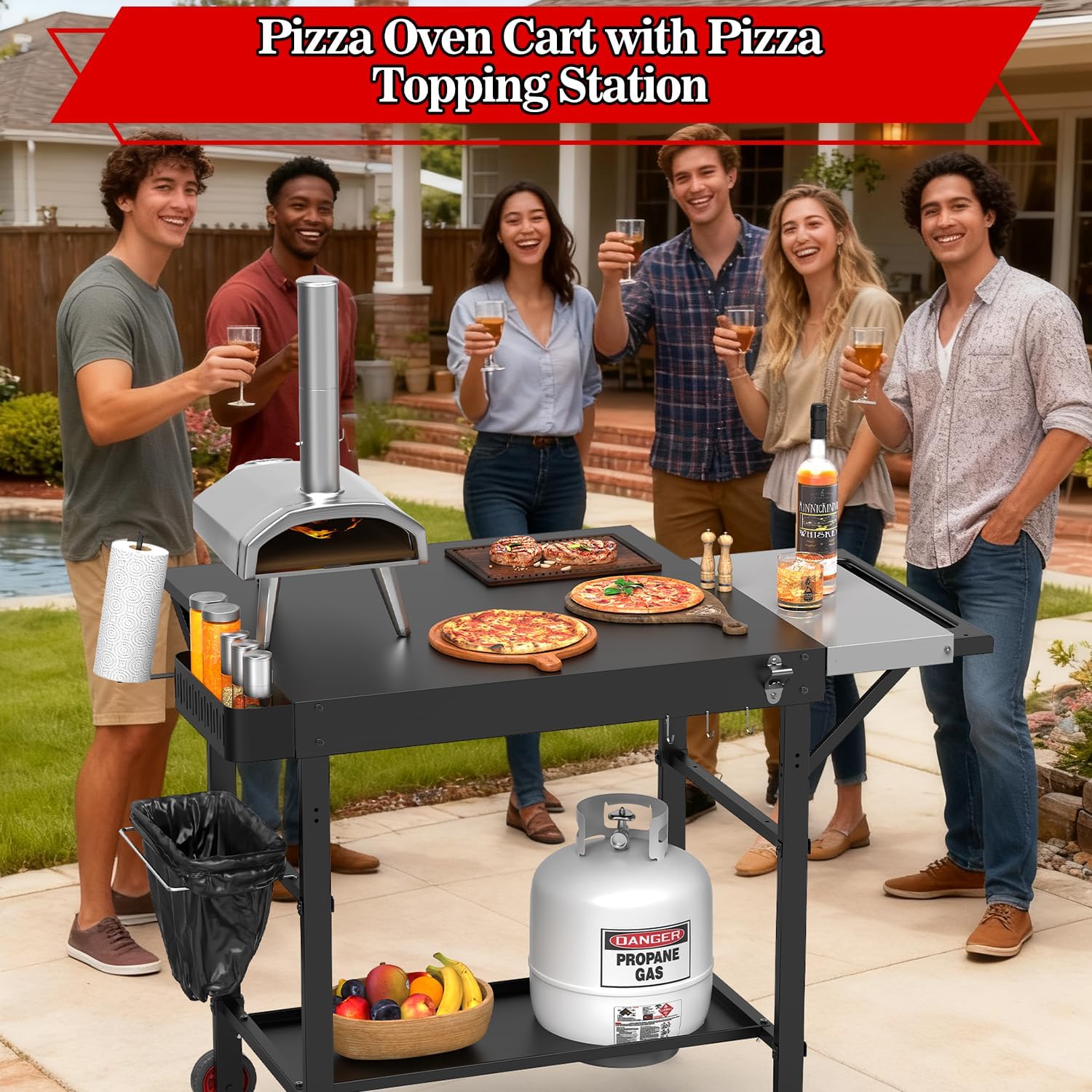 Grill Table for Oon Pizza Oven Accessories, Ninja Pizza Oven Table with Extendable Desk - Fit Gozney, Solo Stove, Durable Outdoor Grill Cart Stand with Food Prep Topping Station for Backyard