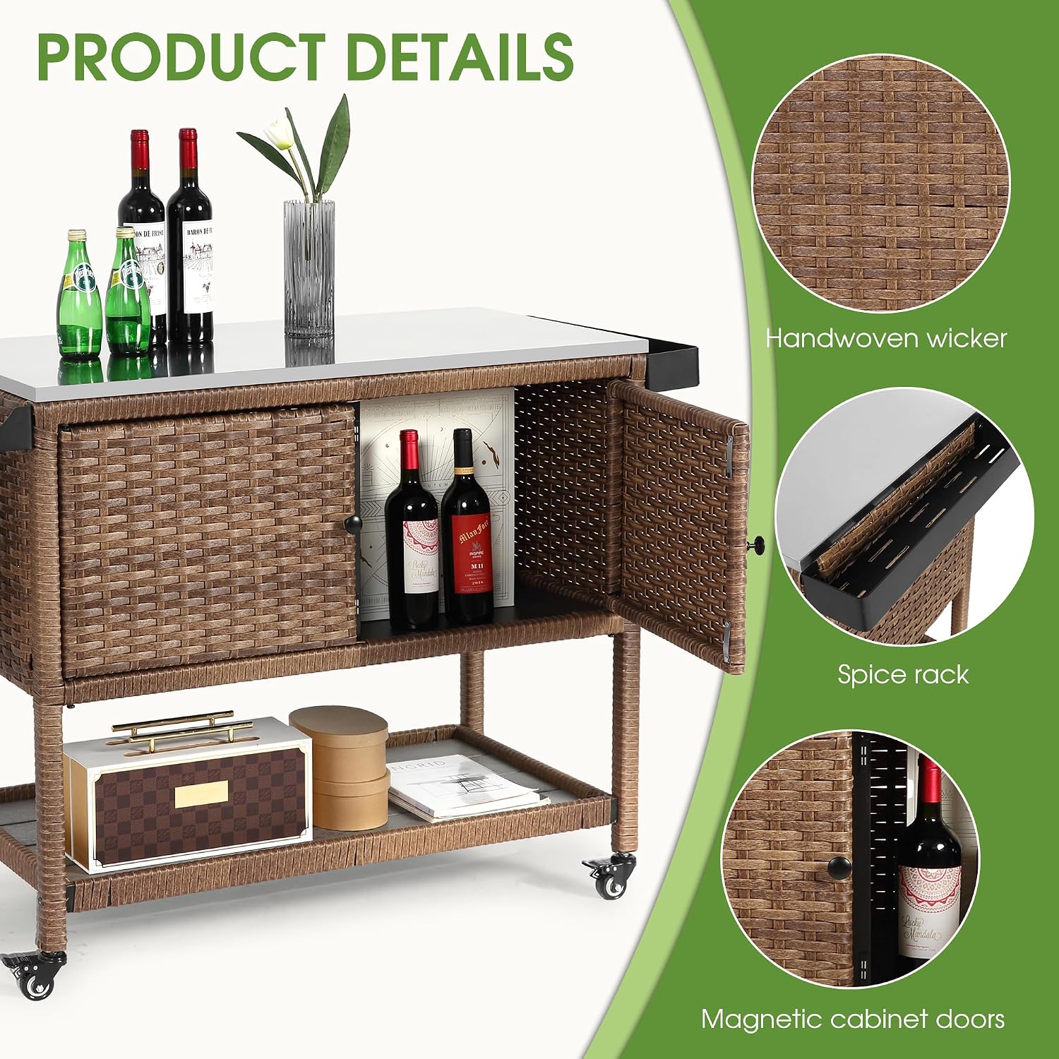 HOMEFUN Outdoor Grill Cart Kitchen Island with Storage Stainless Steel Top BBQ Prep Station Wicker Serving Bar Table with Hooks Wheels Backyard and Patio, Brown