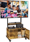 Entertainment Center with TV Mount,Rolling TV Stand with Storage Cabinet for 32-75in Screen,TV Floor Stand on Wheels with Foldable Table,Height Adjustable Mobile TV Stand for Outdoor and Living Room