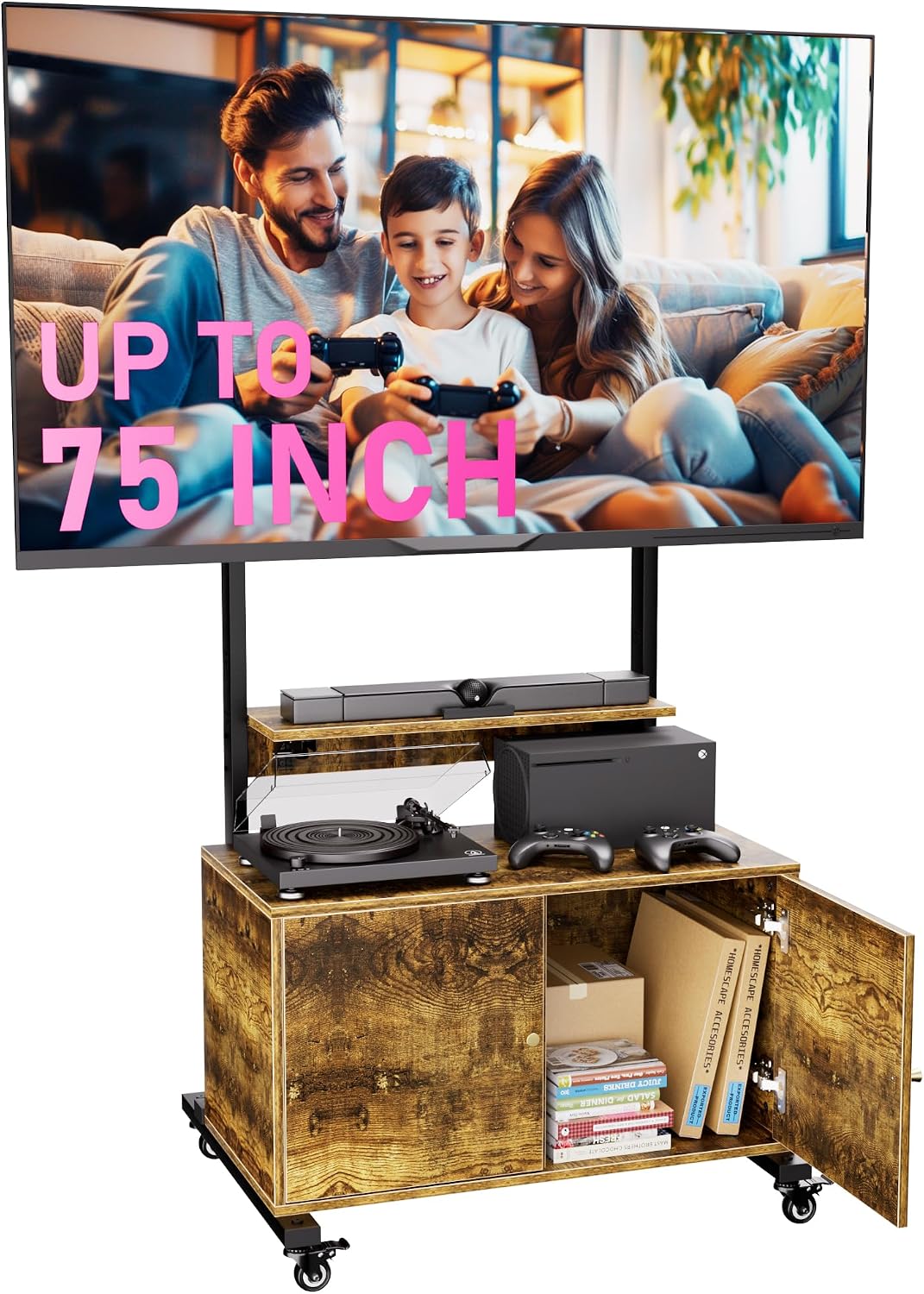 Entertainment Center with TV Mount,Rolling TV Stand with Storage Cabinet for 32-75in Screen,TV Floor Stand on Wheels with Foldable Table,Height Adjustable Mobile TV Stand for Outdoor and Living Room