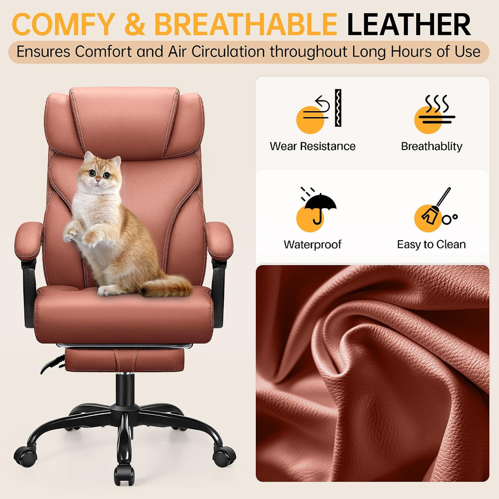 HeroSet Big and Tall Office Chair with Foot Rest, 400lbs Ergonomic Reclining High Back Executive Leather Chair, Lumbar Support Swivel Computer Desk Chairs for Heavy People Home Office Gaming(Brown)