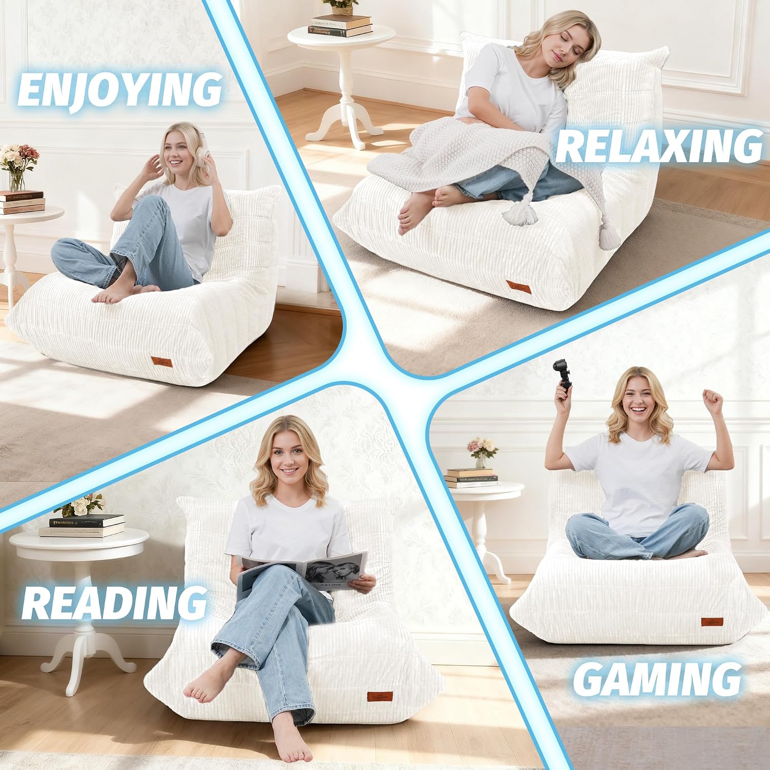 Bean Bag Chair,Giant Beanbag Chairs for Adults,Comfy Large Fireside Chair Lazy Sofa,Corduroy Bean Bag Lounger with Memory Foam Filled,Floor Sofa Couch for Home,Dorm,Living Room (Beige)