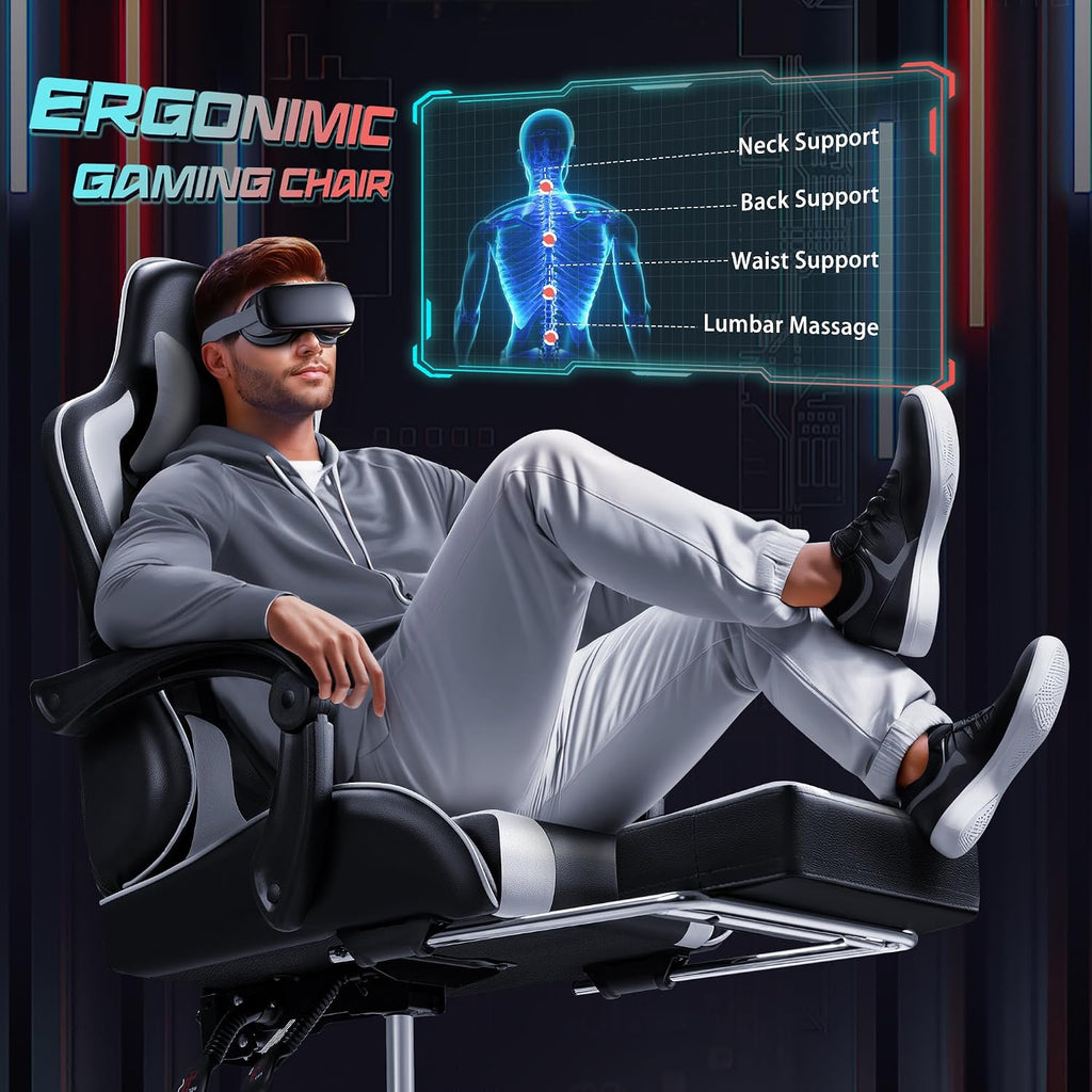 JUMMICO Gaming Chair Ergonomic Computer Chair with Footrest and Massage Lumbar Support, Height Adjustable Video Gaming Chair with 360° Swivel Seat and Headrest (White)