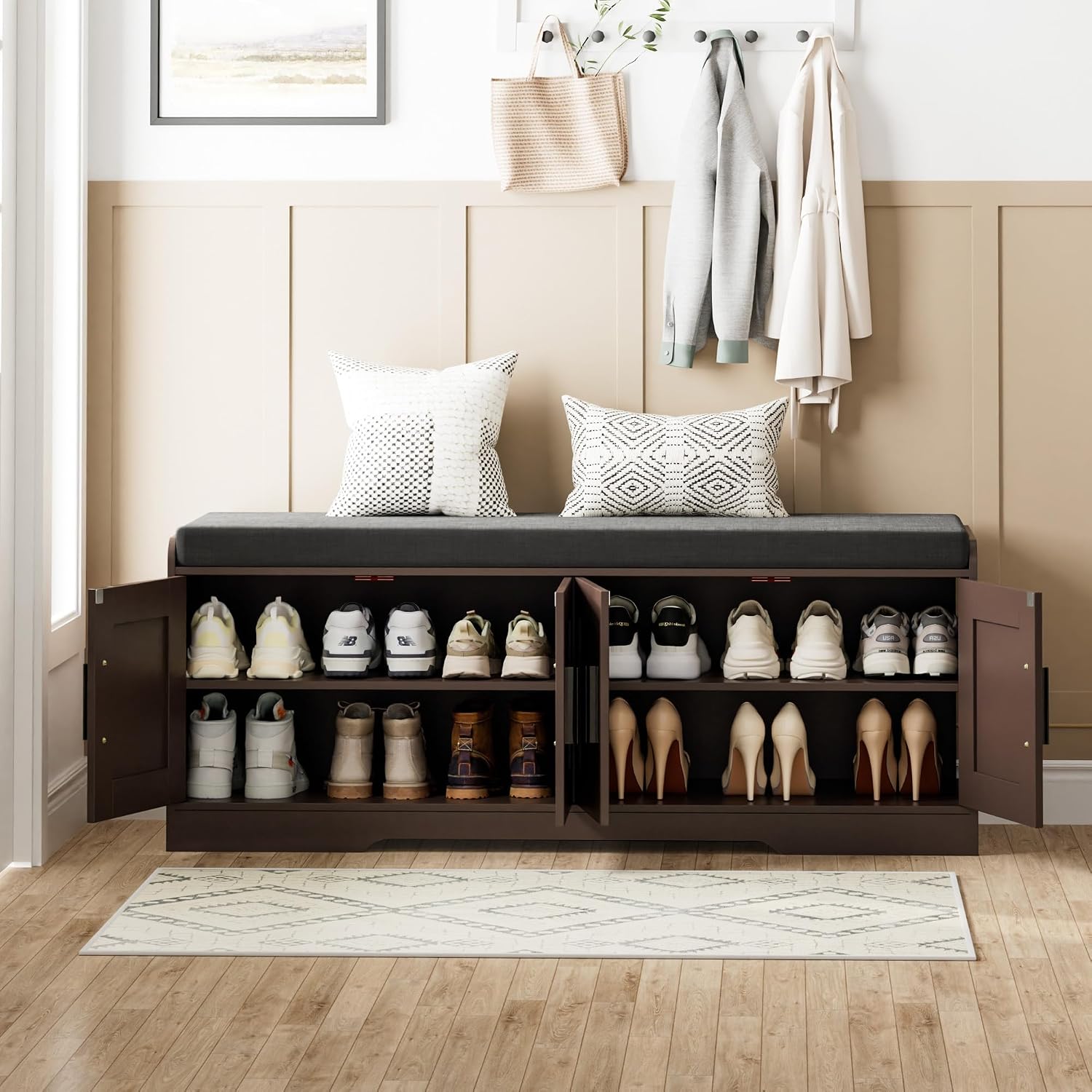Homleke 2-Tier Storage Bench, Shoe Bench with Thickened Padded Seat Cushion, Entryway Bench with 4 Doors, Adjustable Shelf, 13.8' D x 45.3' W x 18.5' H, for Entryway, Living Room, Bedroom, Brown