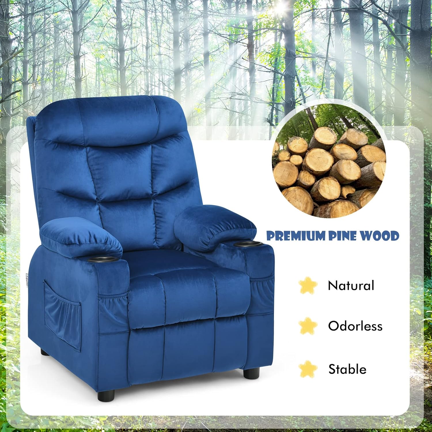 MAT EXPERT Kids Recliner, Velvet Adjustable Reading Chair w/ 2 Cup Holder, 3 Side Pocket Storage & Footrest, Kids Couch Gaming Chair, Toddler Lounge Chair for Boys Girls, Kids Room Playroom (Blue)