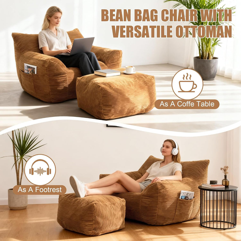 Giant Bean Bag Chair with Ottoman, Comfy Bean Bag Couch with 2 Side Pocket, Corduroy Boneless Couch Chair in a Box, Stuffed Lounge Floor Sofa for Dorm, Bedroom, Living Room, Brown